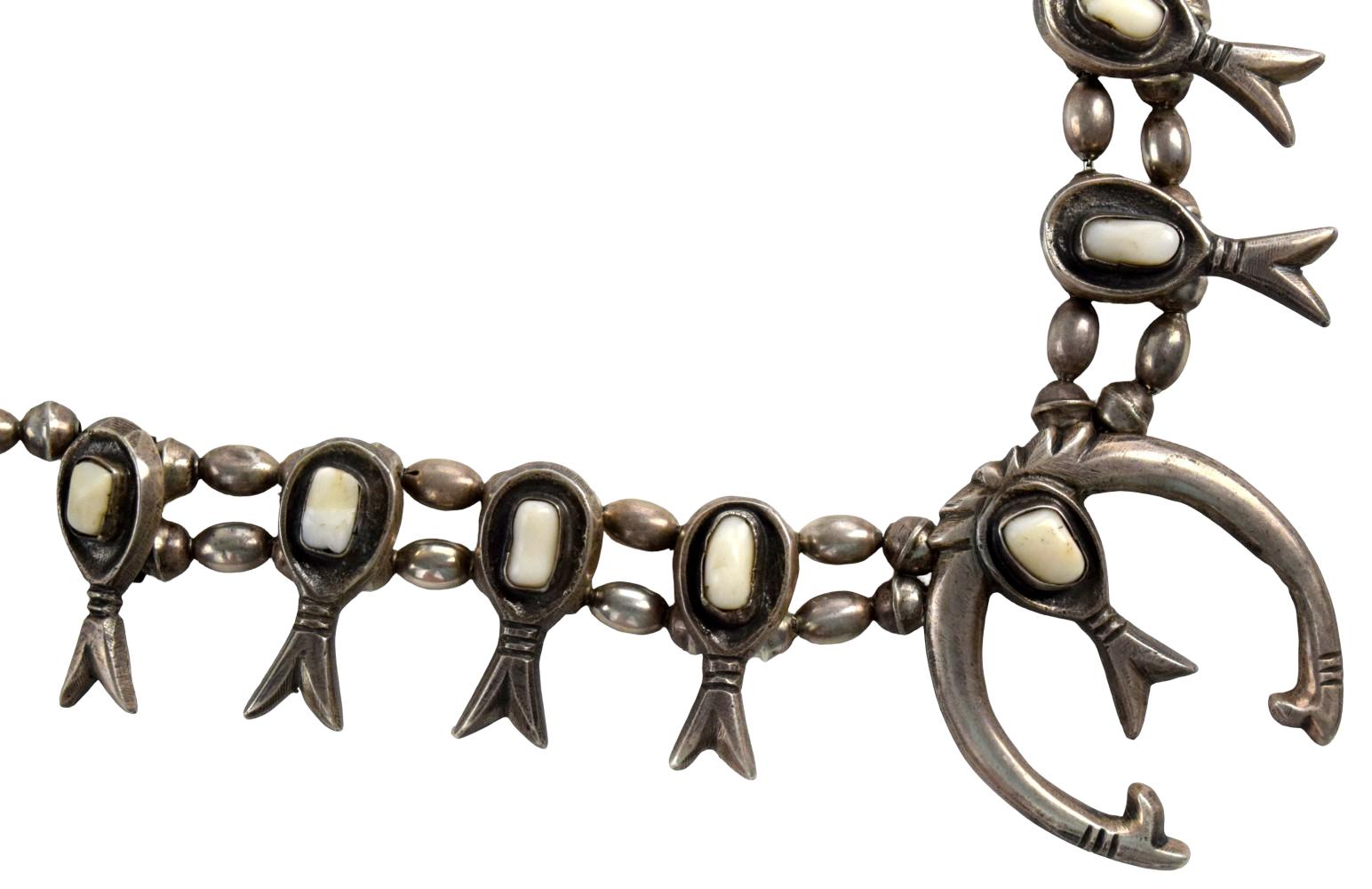 Old Pawn Native American White Turquoise Squash Blossom Necklace