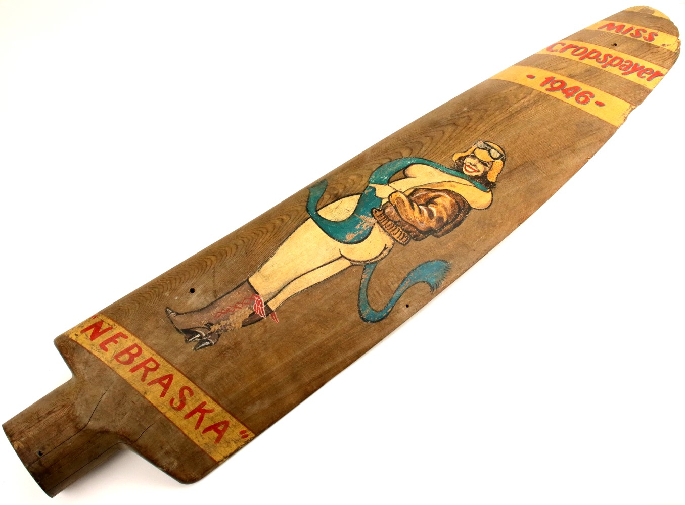 PORTRAIT OF NEBRASKA NUDE AVIATRIX PAINTED ON 1/2 WOODEN CROP DUSTER AIRPLANE PROPELLER