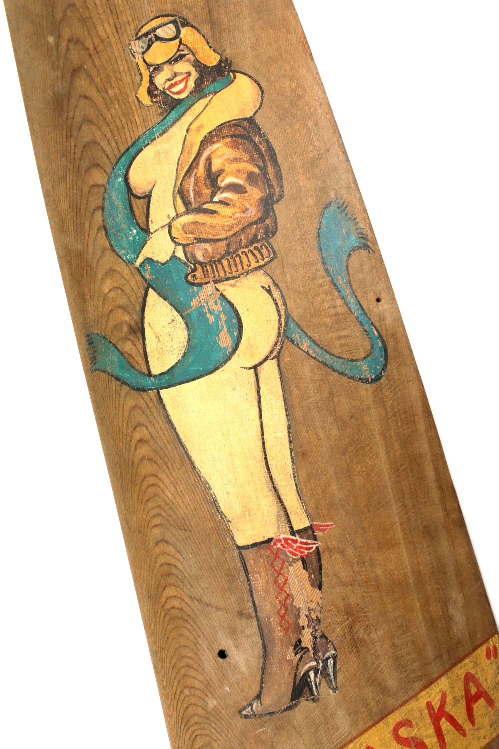 PORTRAIT OF NEBRASKA NUDE AVIATRIX PAINTED ON 1/2 WOODEN CROP DUSTER AIRPLANE PROPELLER