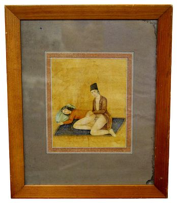 RARE 19TH CENTURY PERSIAN EROTIC MINIATURE. A captivating miniature painting from the late Qajar 