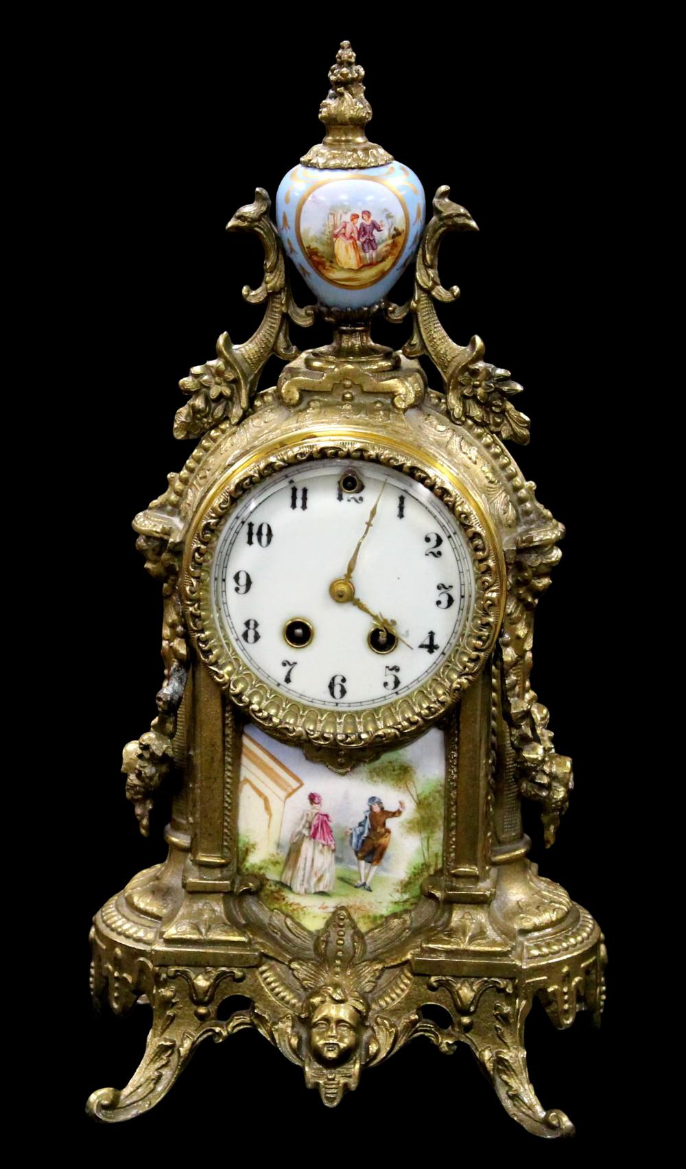 Waterbury Clock Co. Gilt Metal and Porcelain Mantle Clock