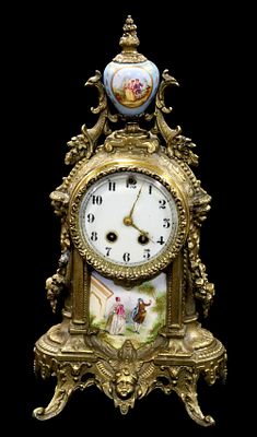 Waterbury Clock Co. Gilt Metal and Porcelain Mantle Clock. Antique 19th century French Rococo 