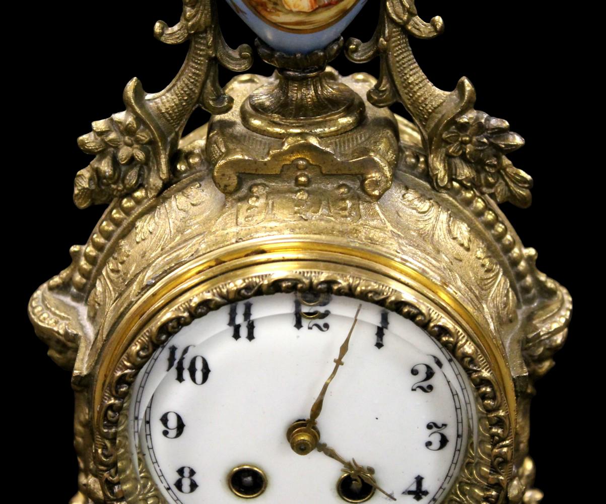 Waterbury Clock Co. Gilt Metal and Porcelain Mantle Clock
