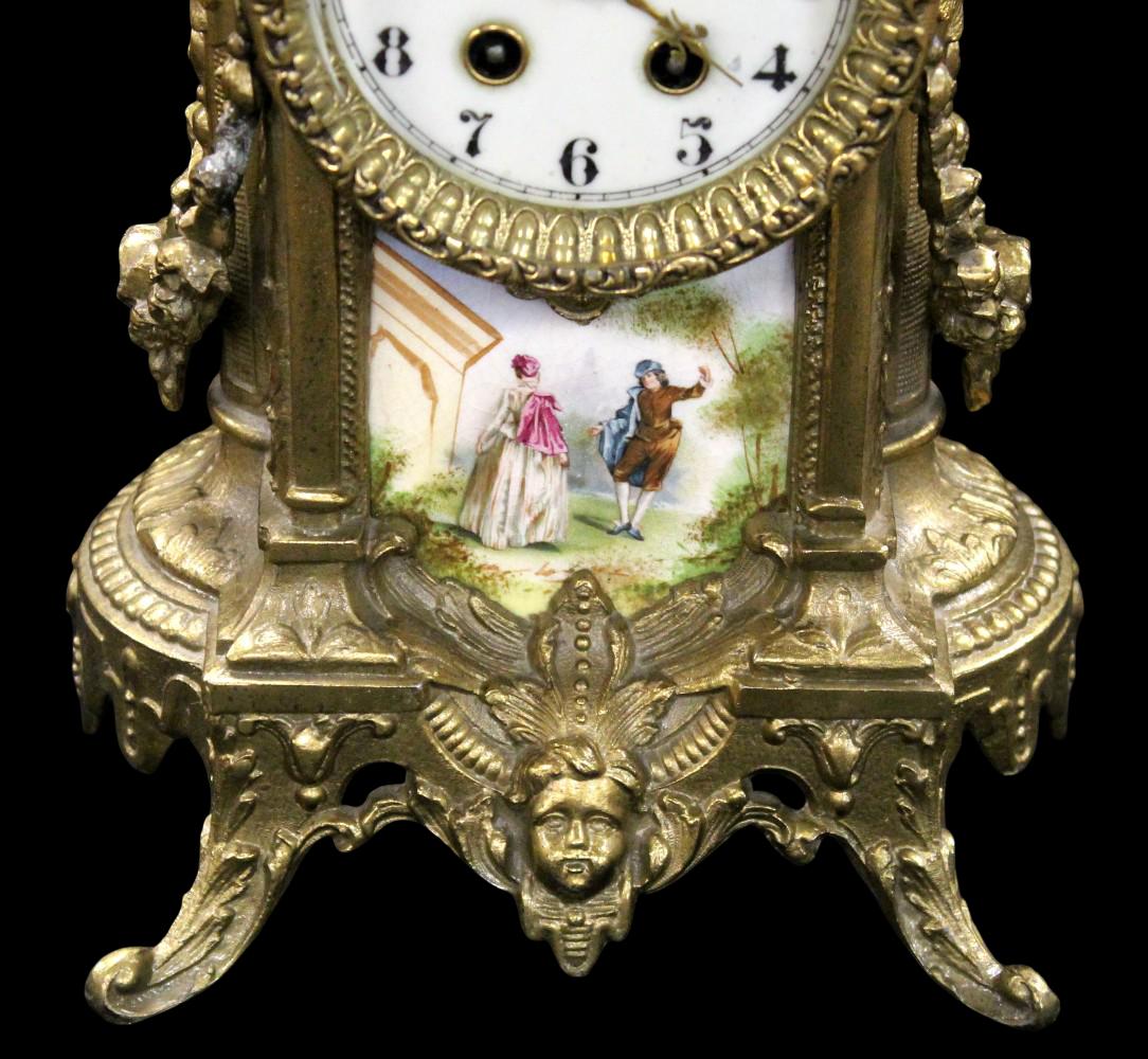 Waterbury Clock Co. Gilt Metal and Porcelain Mantle Clock
