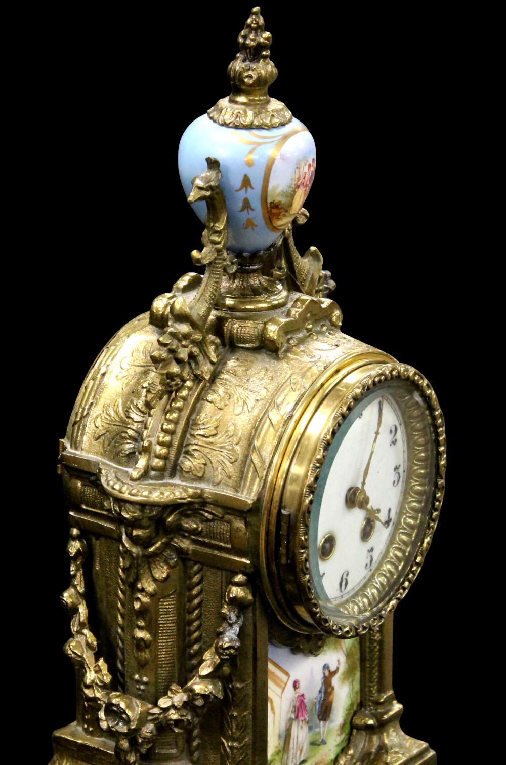 Waterbury Clock Co. Gilt Metal and Porcelain Mantle Clock