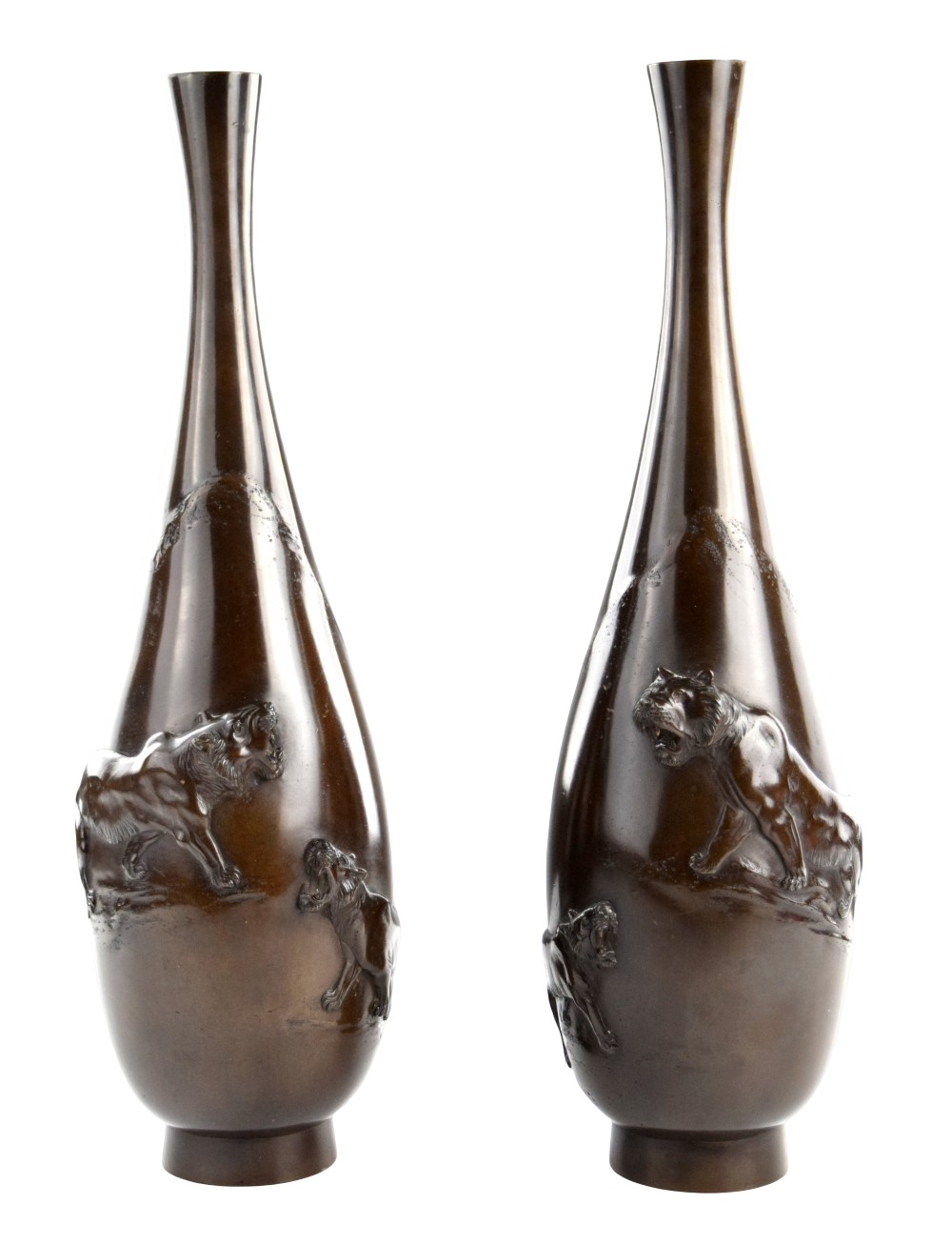 Pair Meiji Period Japanese Bronze Mirrored Vases