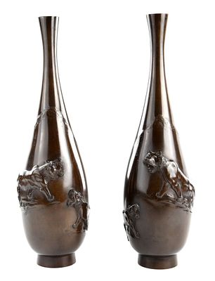 Pair Meiji Period Japanese Bronze Mirrored Vases. Pair Meiji Period signed Japanese bronze vases 