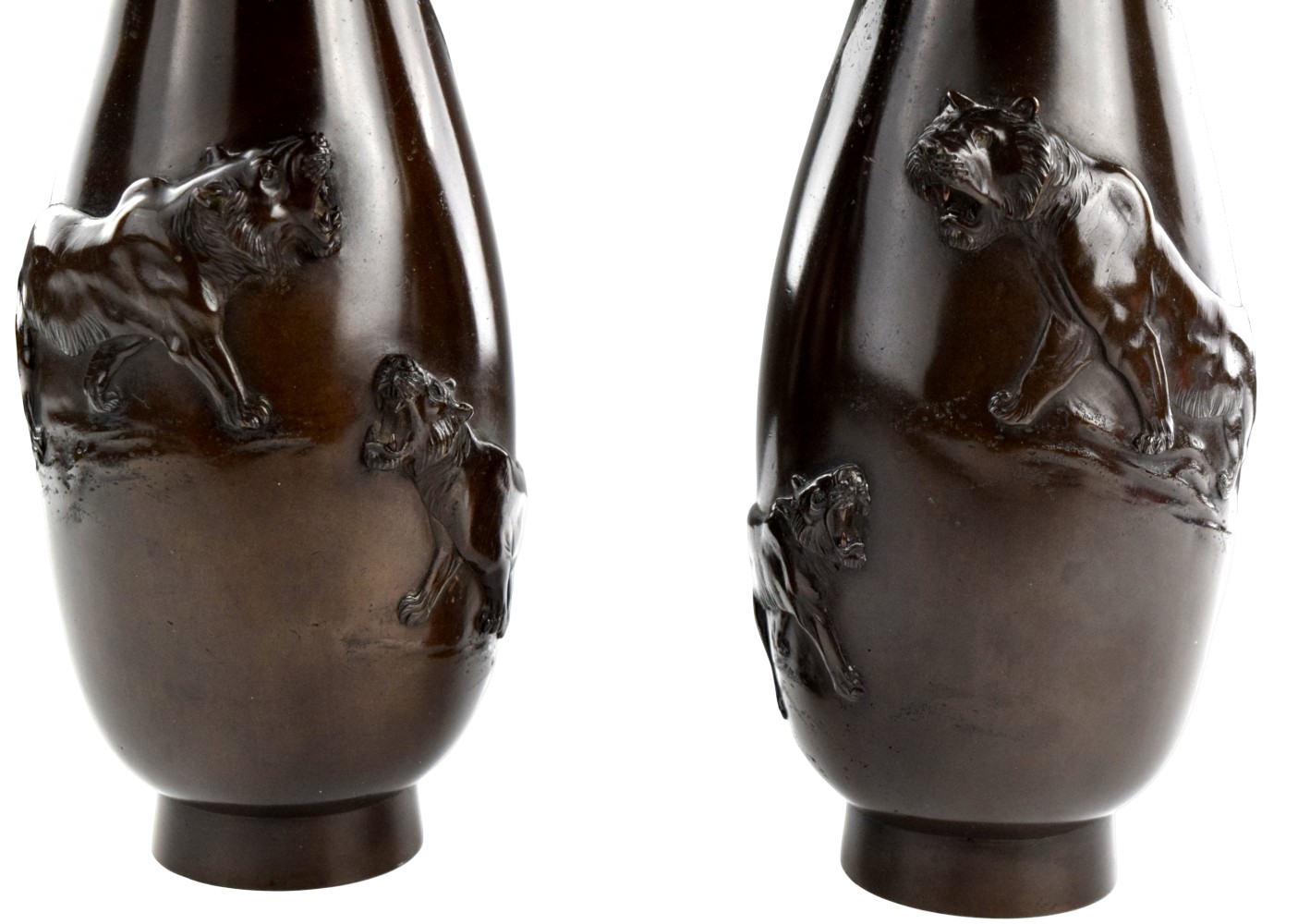 Pair Meiji Period Japanese Bronze Mirrored Vases
