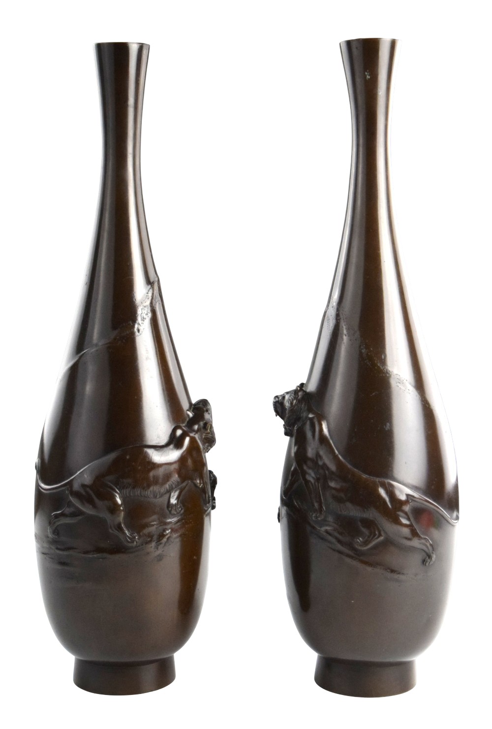 Pair Meiji Period Japanese Bronze Mirrored Vases