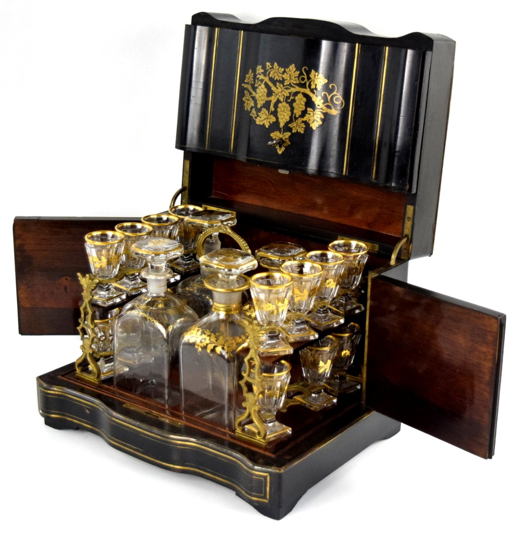 19th C. French Napoleon III Style Ebonized Tantalus Liquor Cabinet