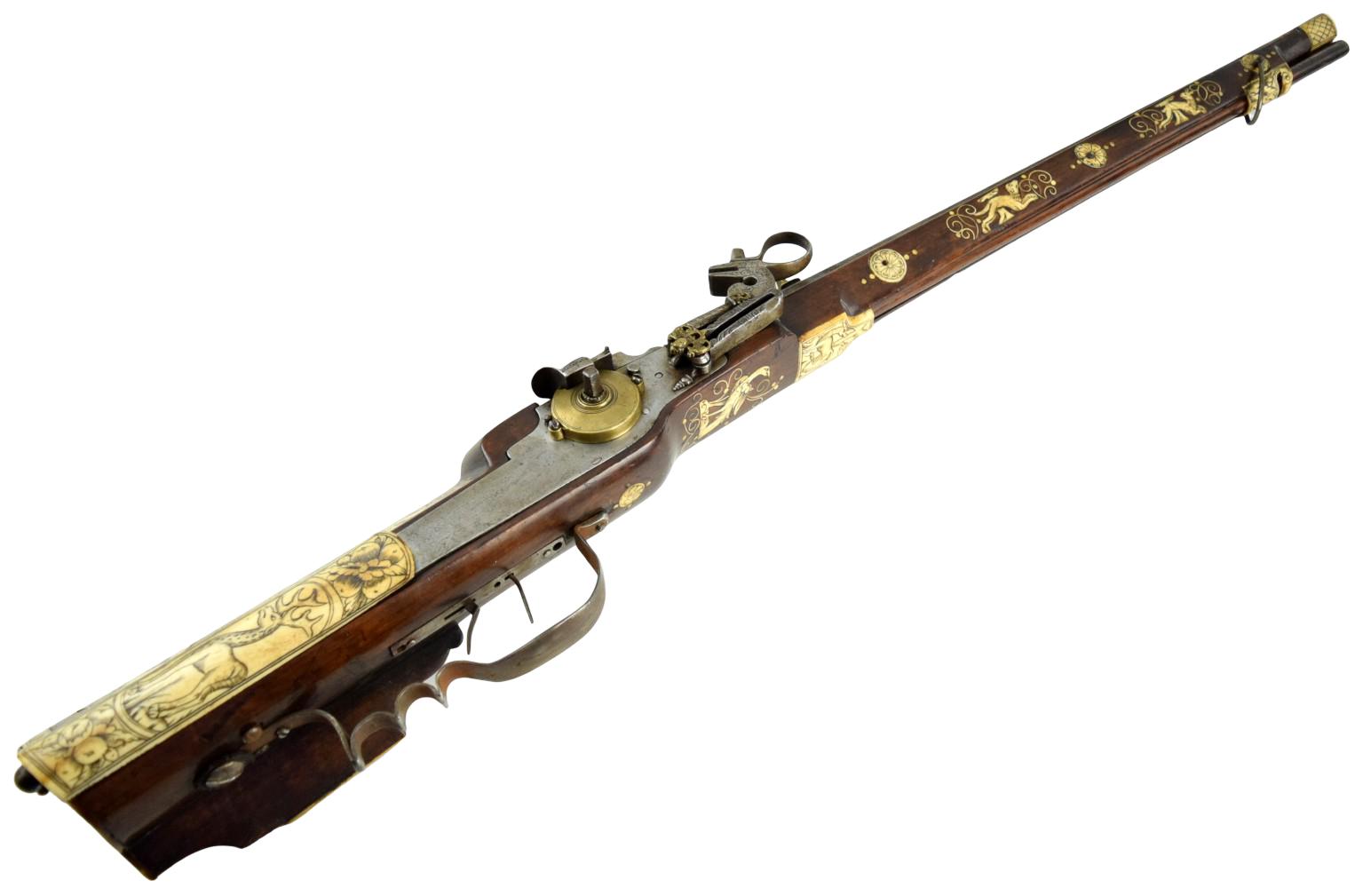 A Fine Inlaid Saxon Wheellock Sporting Rifle With Gilded Wheel Cover Circa 1600.