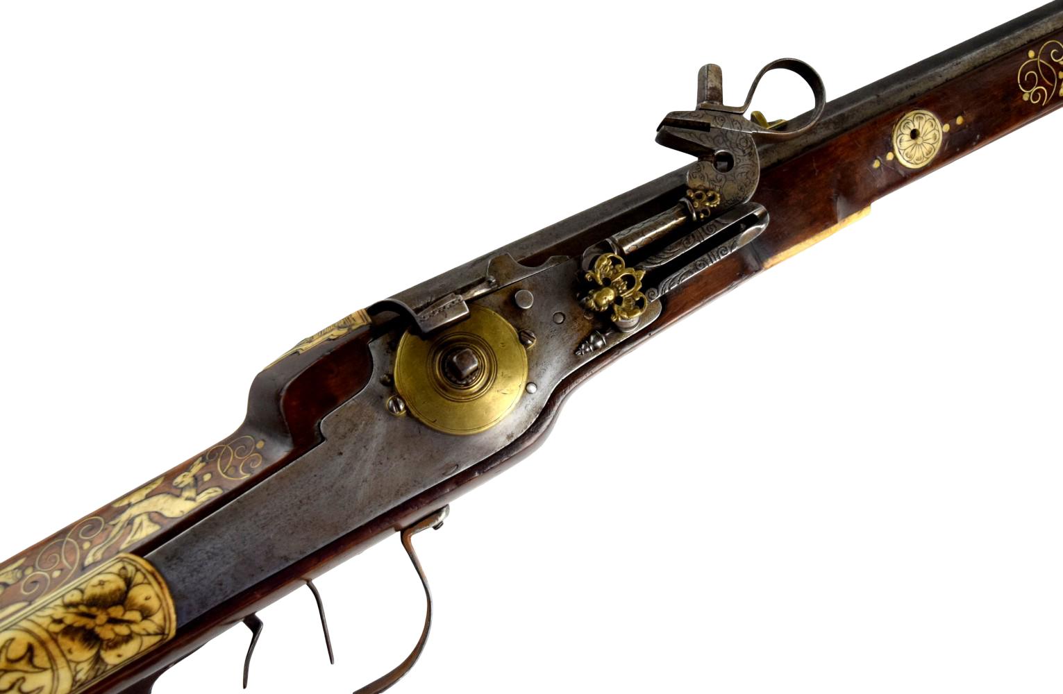 A Fine Inlaid Saxon Wheellock Sporting Rifle With Gilded Wheel Cover Circa 1600.