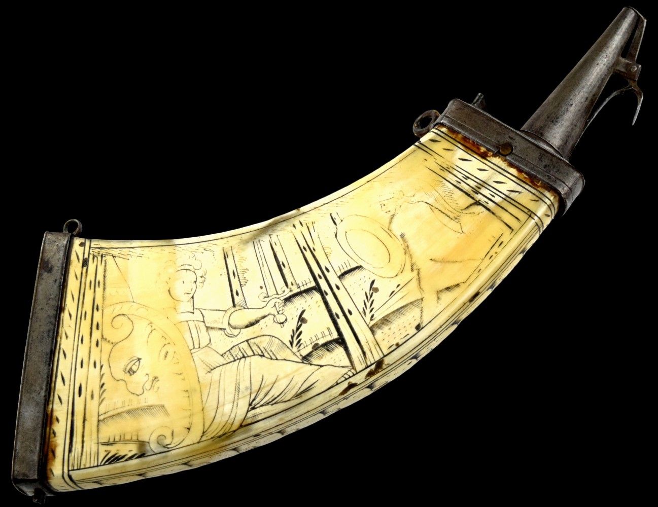 Scarce 17th-18th C. German or Italian Powder Horn Flask with Etched Artwork.