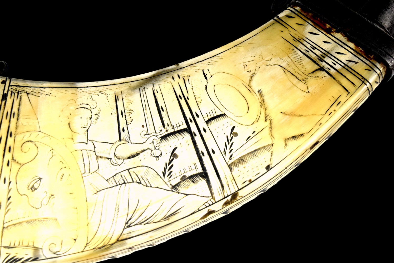 Scarce 17th-18th C. German or Italian Powder Horn Flask with Etched Artwork.