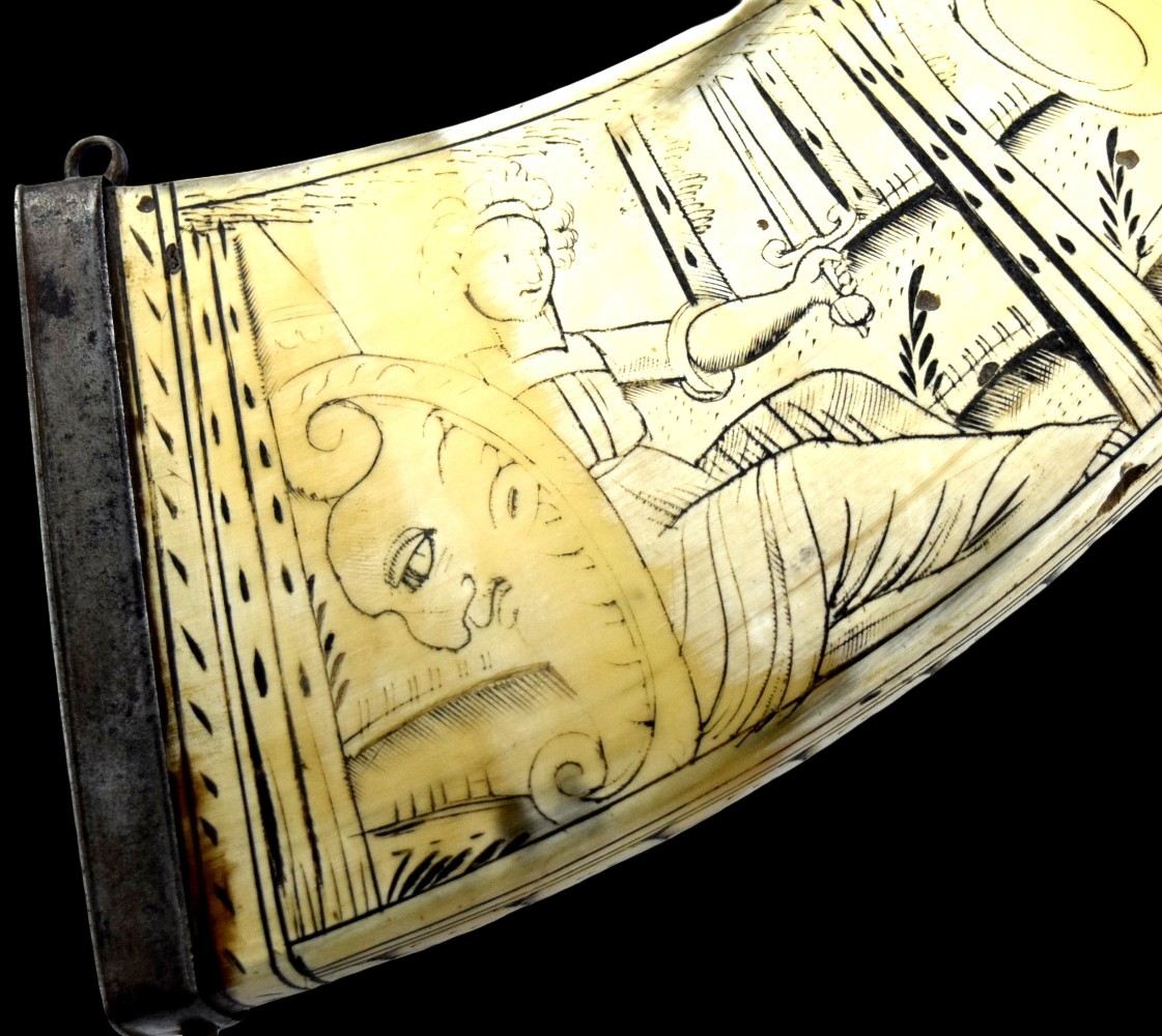 Scarce 17th-18th C. German or Italian Powder Horn Flask with Etched Artwork.