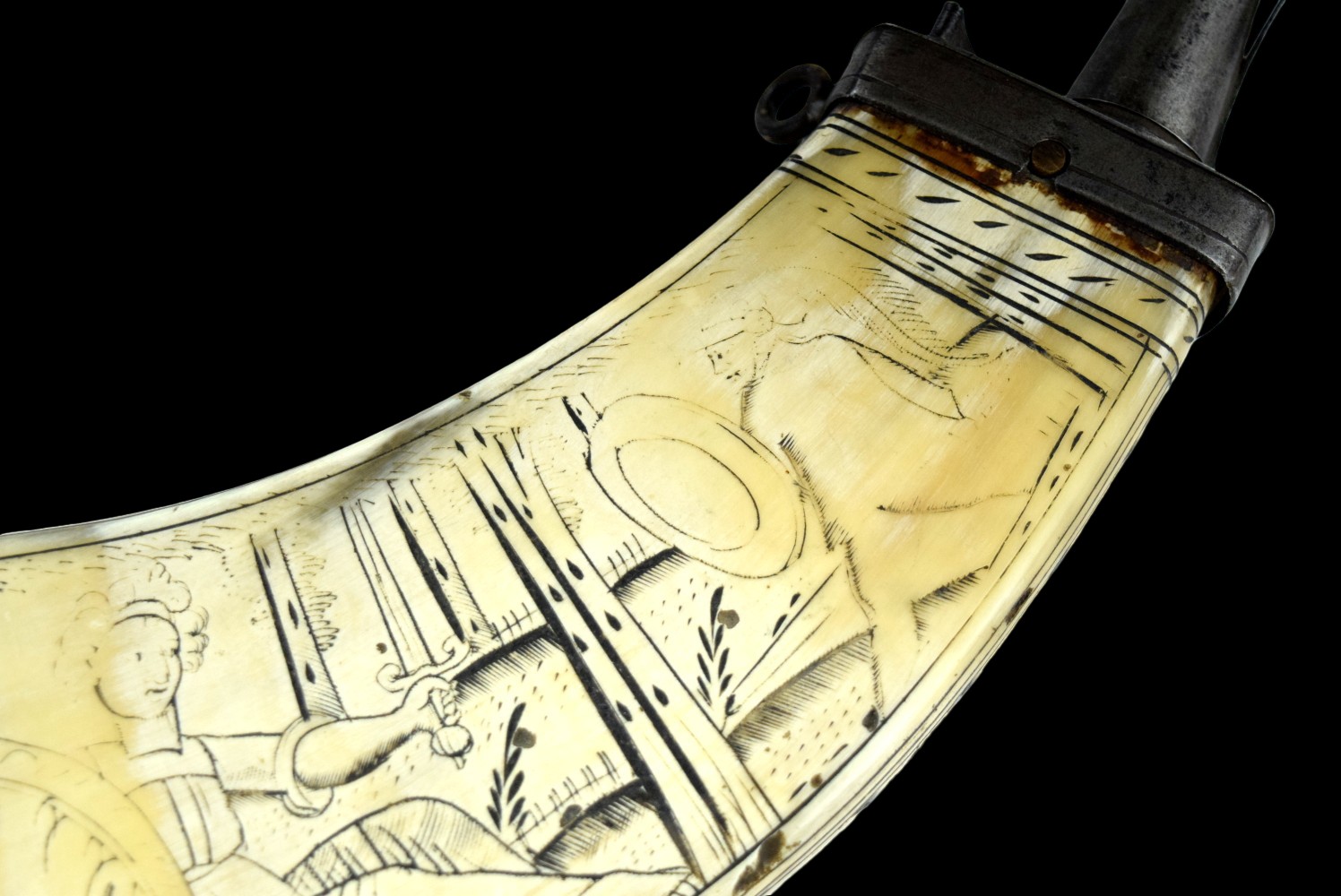 Scarce 17th-18th C. German or Italian Powder Horn Flask with Etched Artwork.
