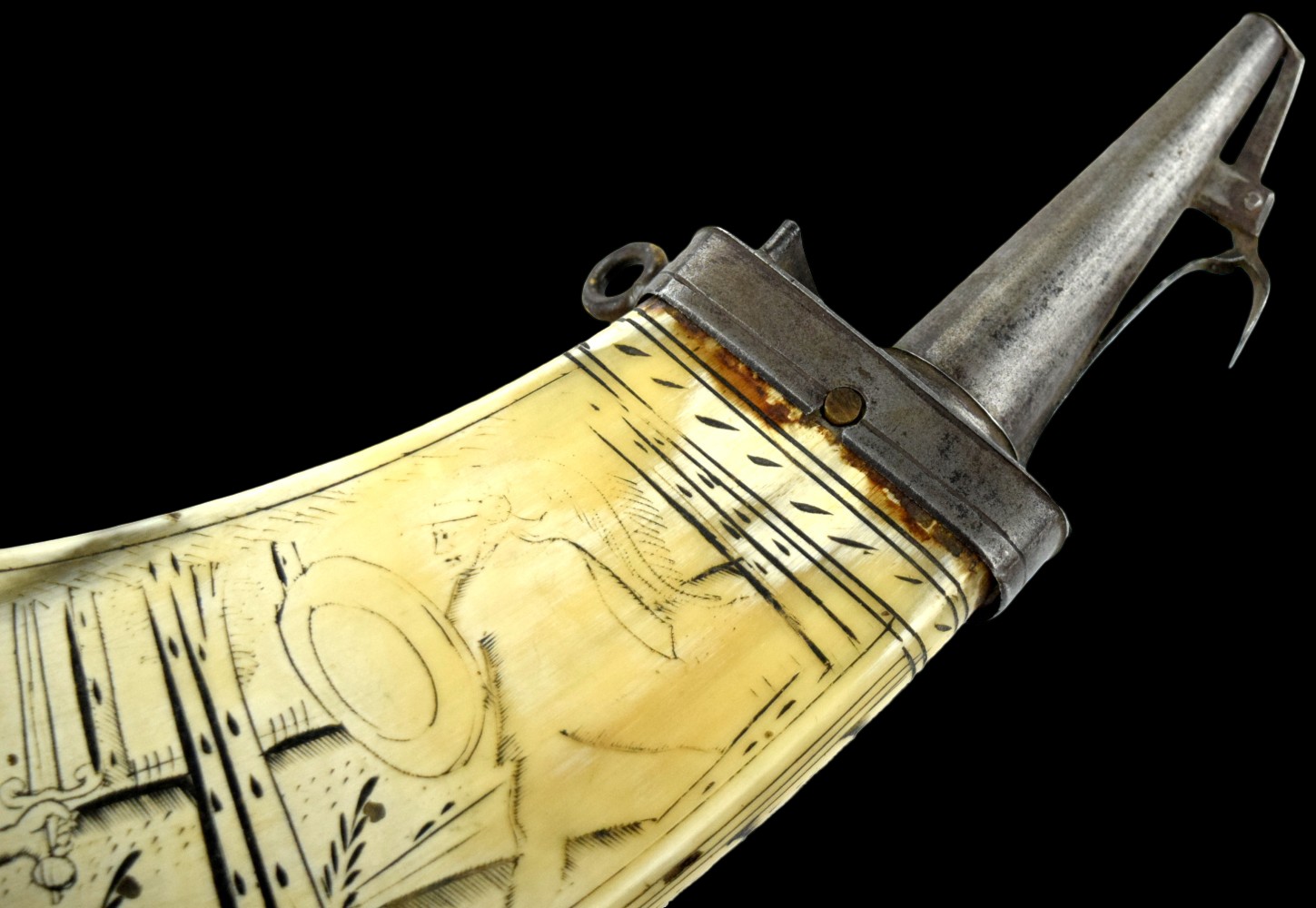 Scarce 17th-18th C. German or Italian Powder Horn Flask with Etched Artwork.