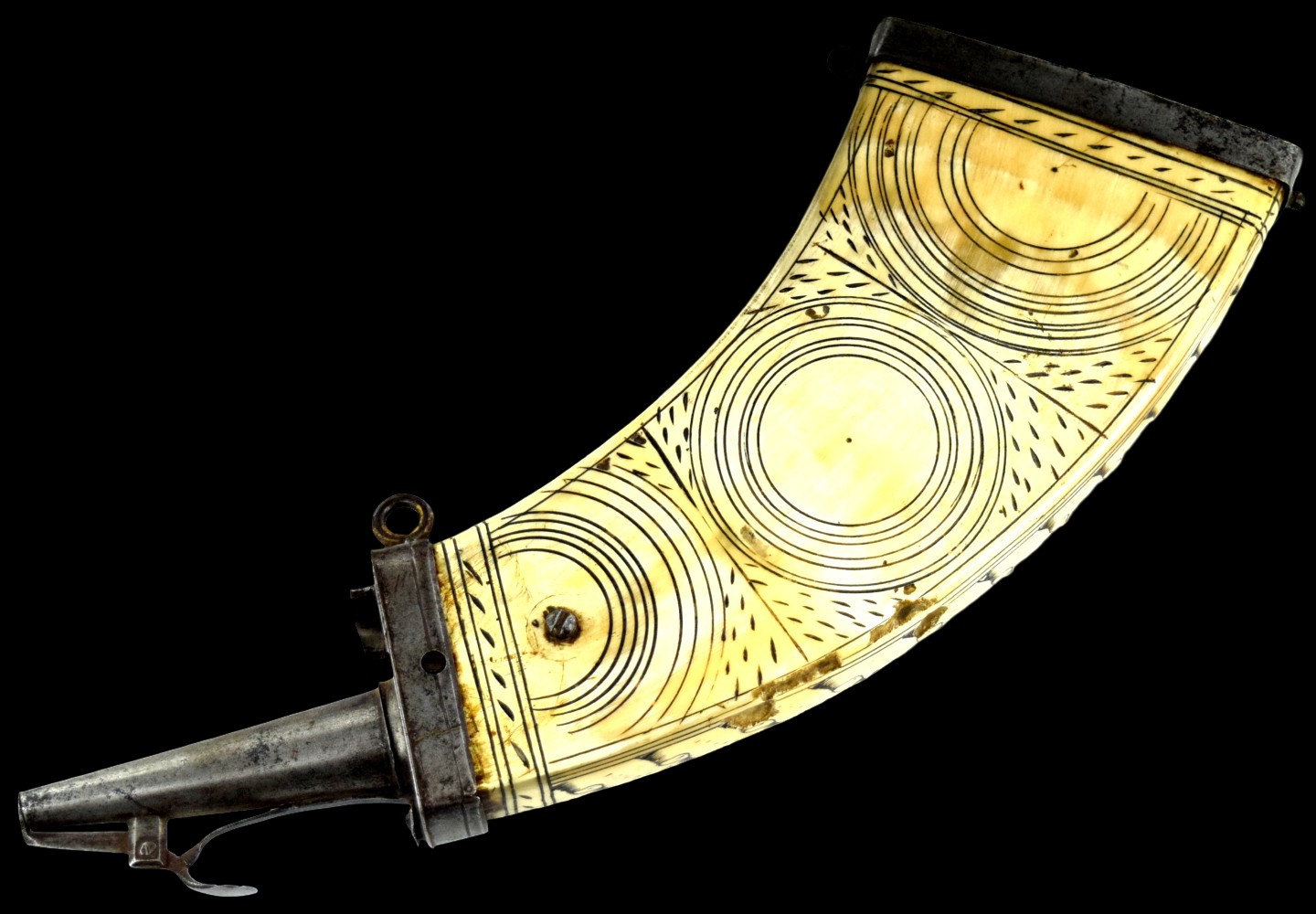 Scarce 17th-18th C. German or Italian Powder Horn Flask with Etched Artwork.
