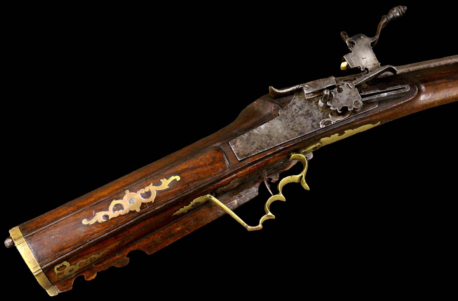Massive 16th-17th C. Austrian Large Bore Whellock Rifle in Brass Furniture, Barrel with Maker Marks. Very Impressive Large Example.