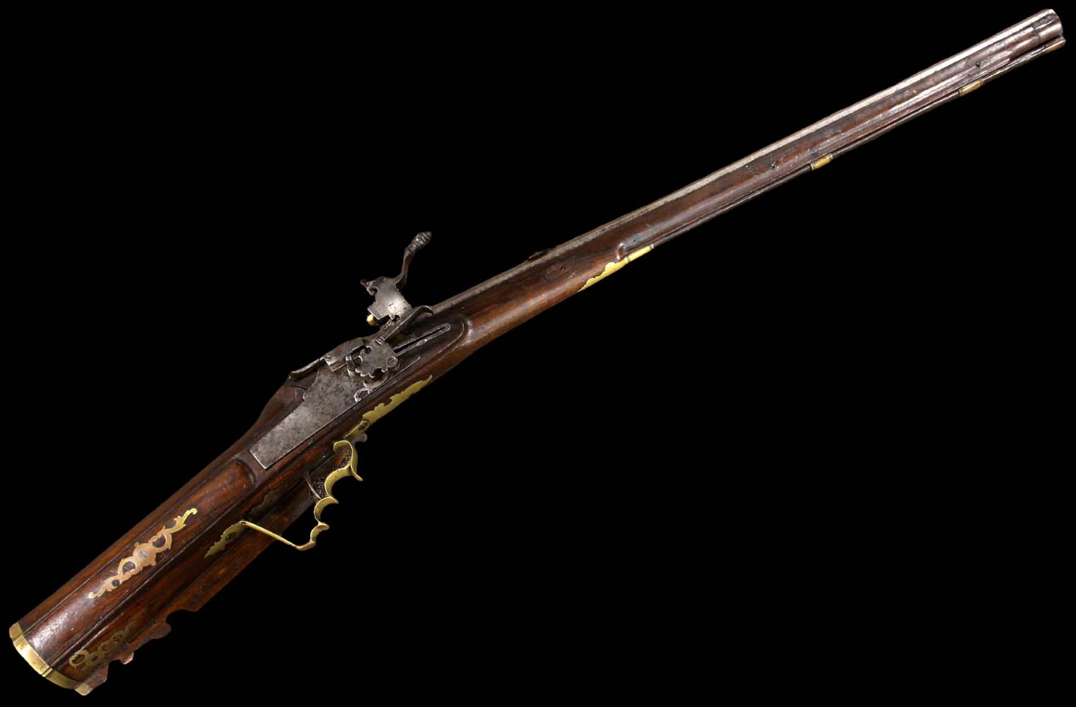 Massive 16th-17th C. Austrian Large Bore Whellock Rifle in Brass Furniture, Barrel with Maker Marks. Very Impressive Large Example.