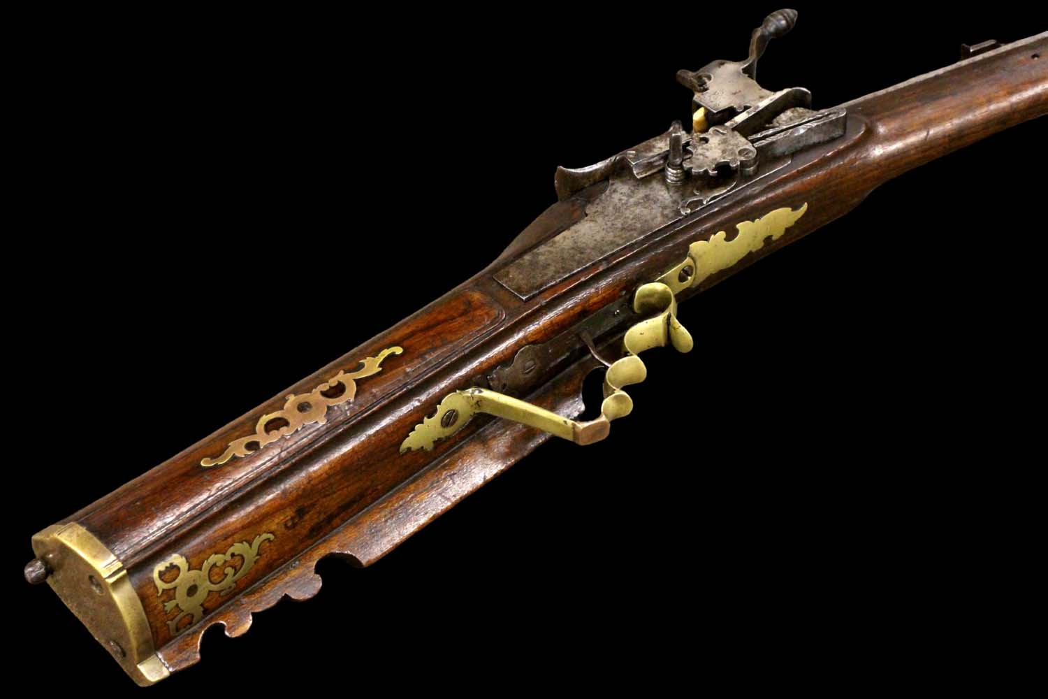 Massive 16th-17th C. Austrian Large Bore Whellock Rifle in Brass Furniture, Barrel with Maker Marks. Very Impressive Large Example.