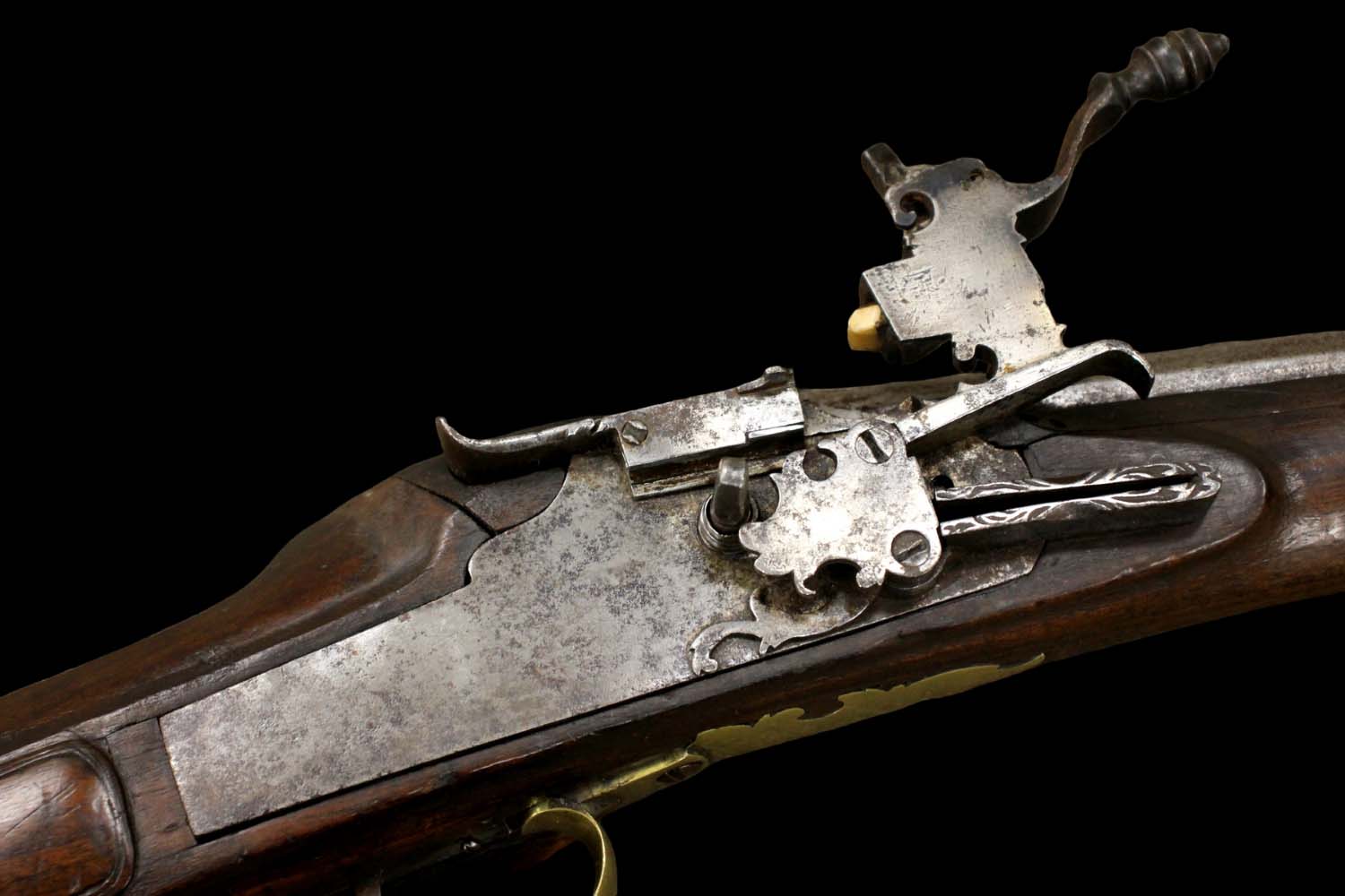 Massive 16th-17th C. Austrian Large Bore Whellock Rifle in Brass Furniture, Barrel with Maker Marks. Very Impressive Large Example.