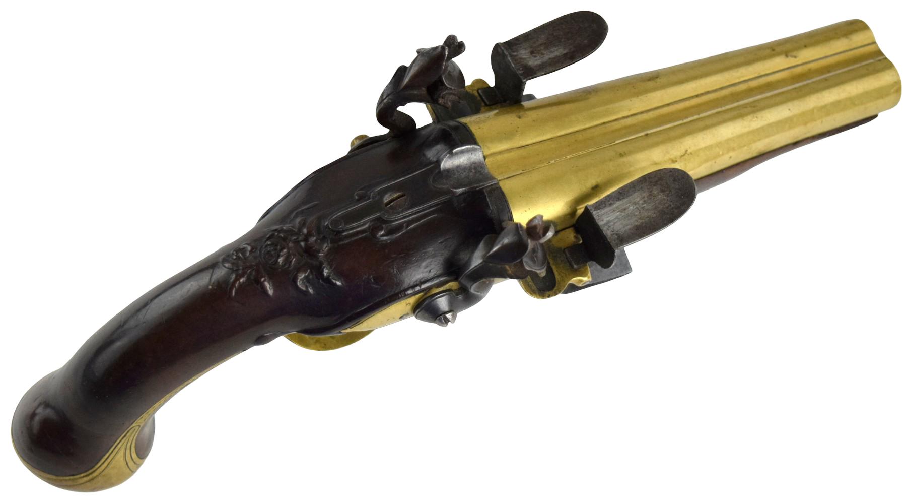 RARE 18TH C. EUROPEAN DOUBLE BARREL FLINTLOCK PISTOL