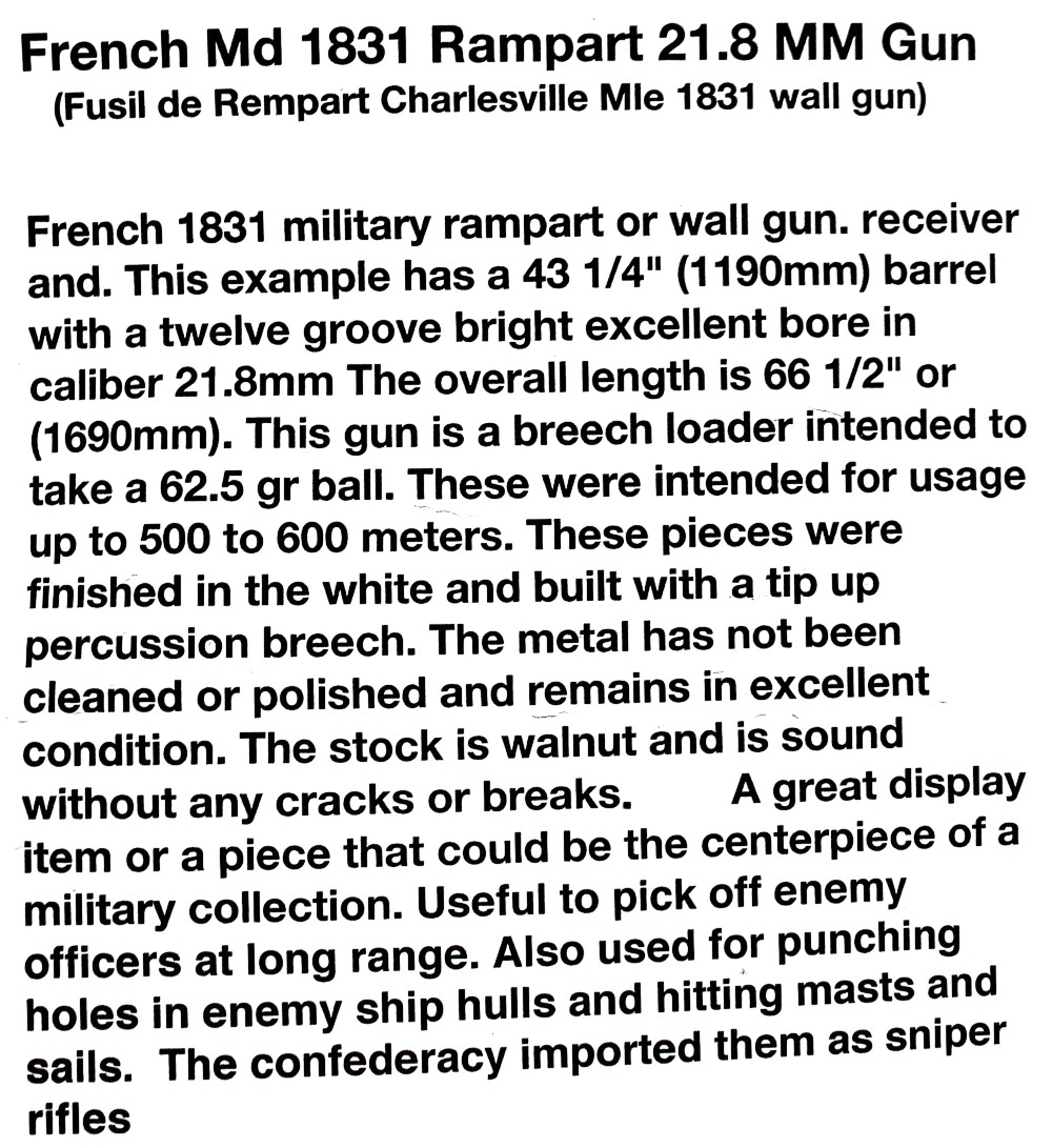 French Md 1831 Rampart 21.8 MM Gun (Fusil de Rempart Charleville Mle 1831 wall gun)
