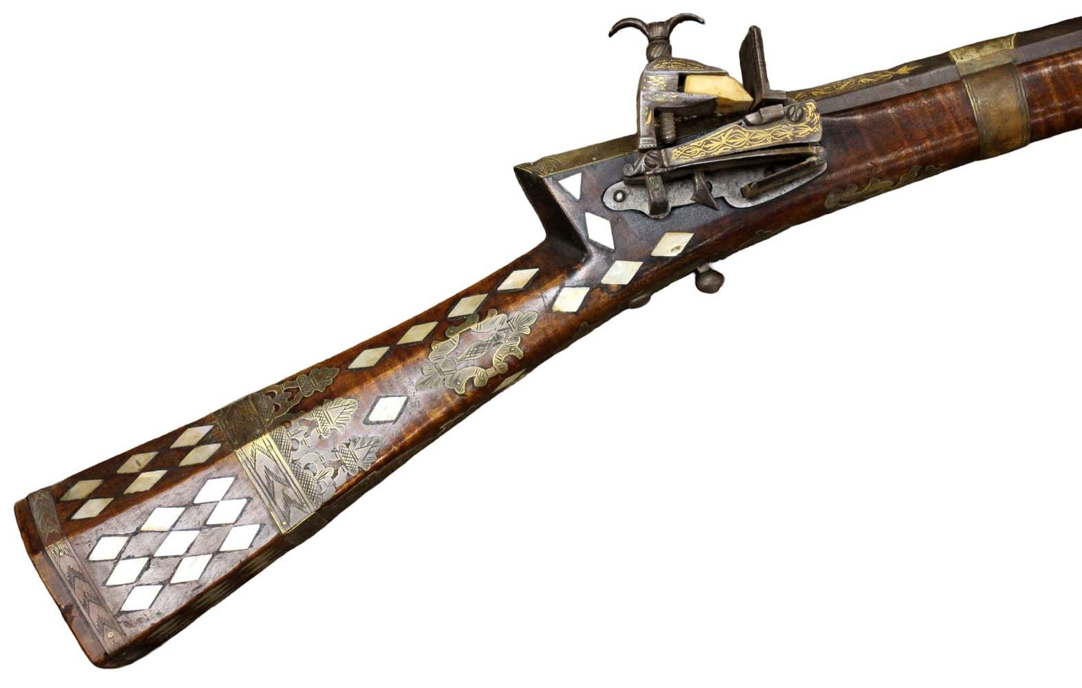 Very Fine Gold Damascened & Mother of Pearl Inlaid Islamic Ottoman Turkish TOUFEK Rifle Musket with Engraved Brass Mounts. A Gorgeous Exampl