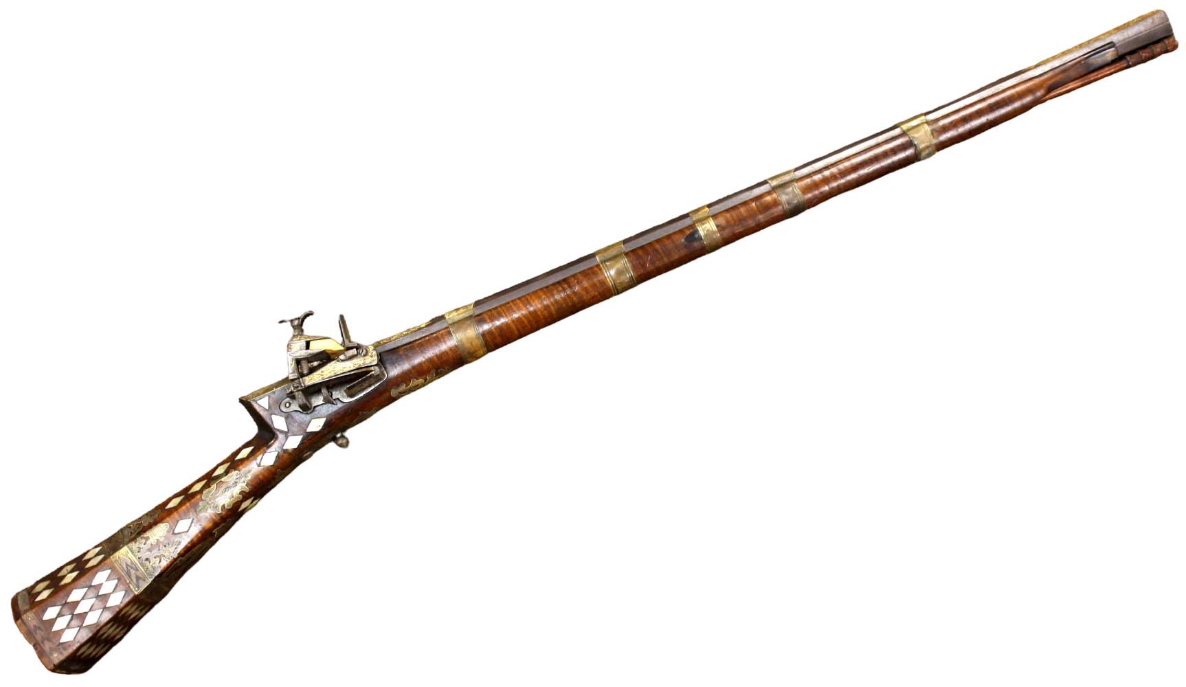 Very Fine Gold Damascened & Mother of Pearl Inlaid Islamic Ottoman Turkish TOUFEK Rifle Musket with Engraved Brass Mounts. A Gorgeous Exampl