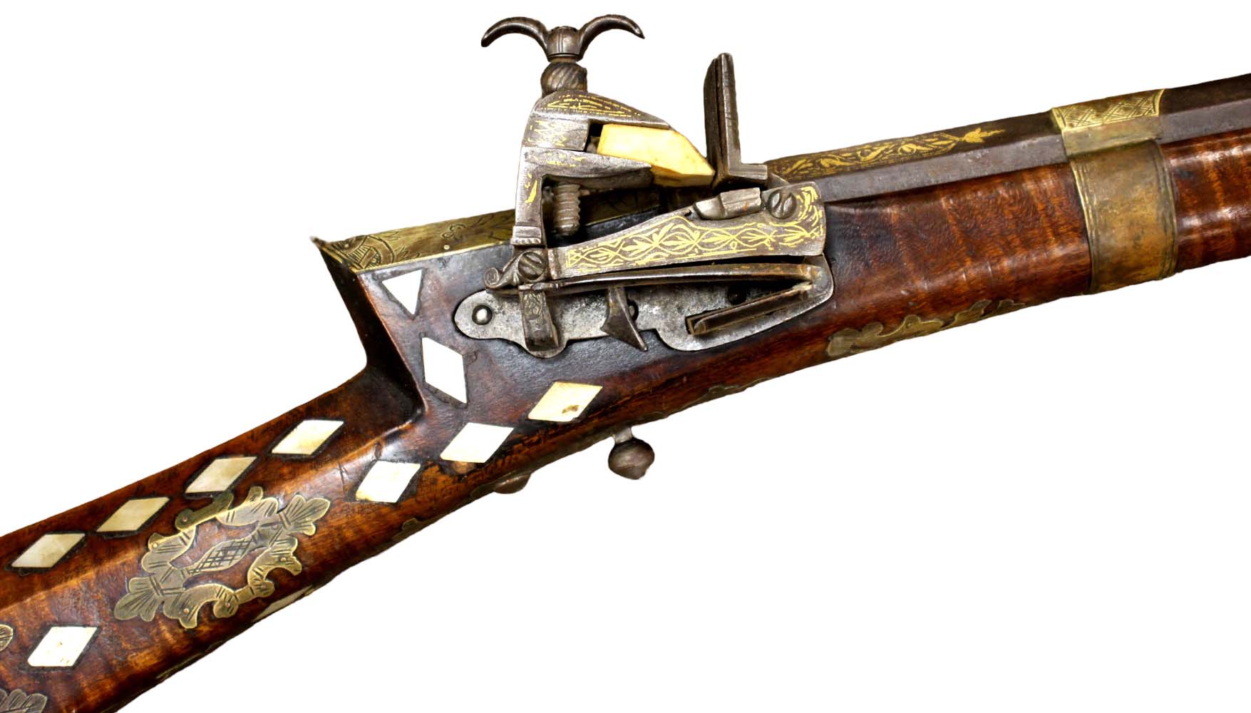 Very Fine Gold Damascened & Mother of Pearl Inlaid Islamic Ottoman Turkish TOUFEK Rifle Musket with Engraved Brass Mounts. A Gorgeous Exampl