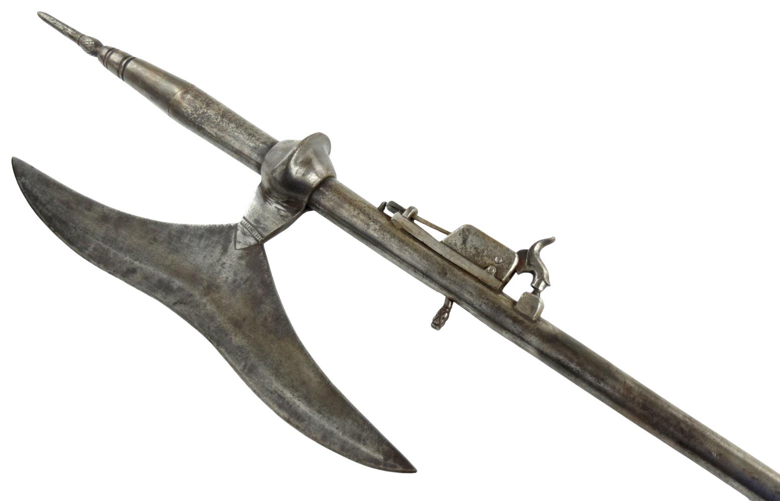 RARE ANTIQUE CONTINENTAL HALBERD POLEARM SPEAR / AXE / GUN COMBINATION WITH IRON POLE