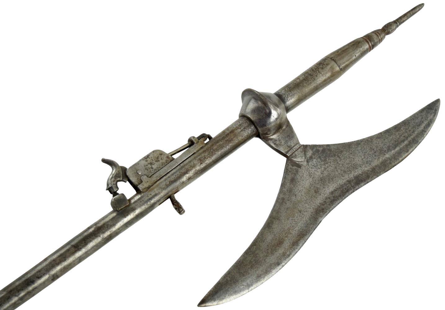 RARE ANTIQUE CONTINENTAL HALBERD POLEARM SPEAR / AXE / GUN COMBINATION WITH IRON POLE