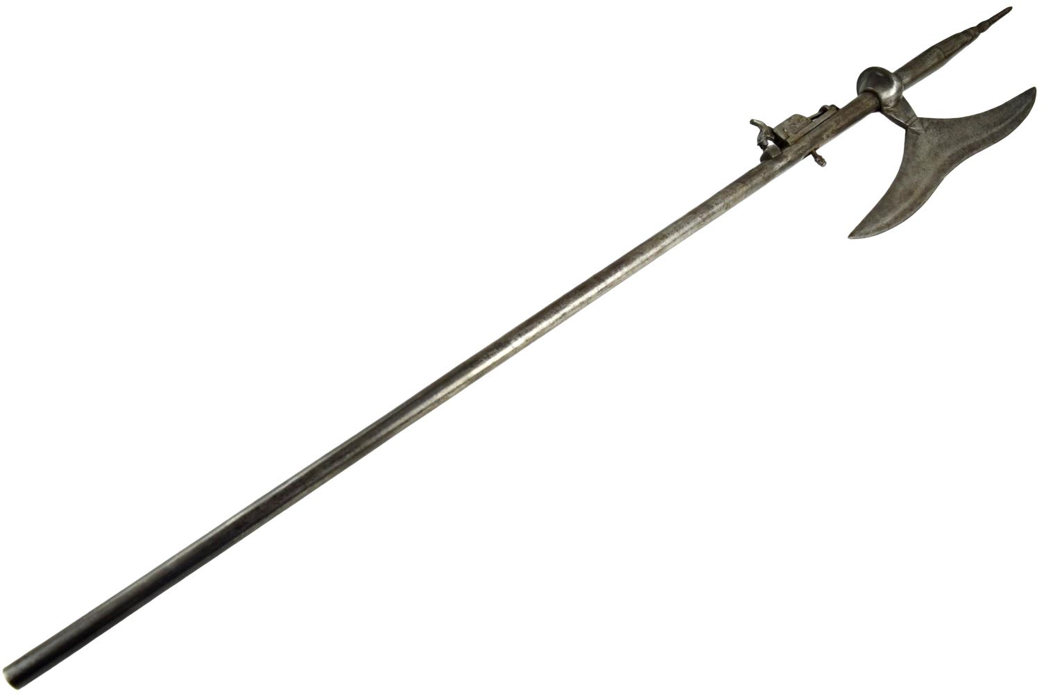 RARE ANTIQUE CONTINENTAL HALBERD POLEARM SPEAR / AXE / GUN COMBINATION WITH IRON POLE