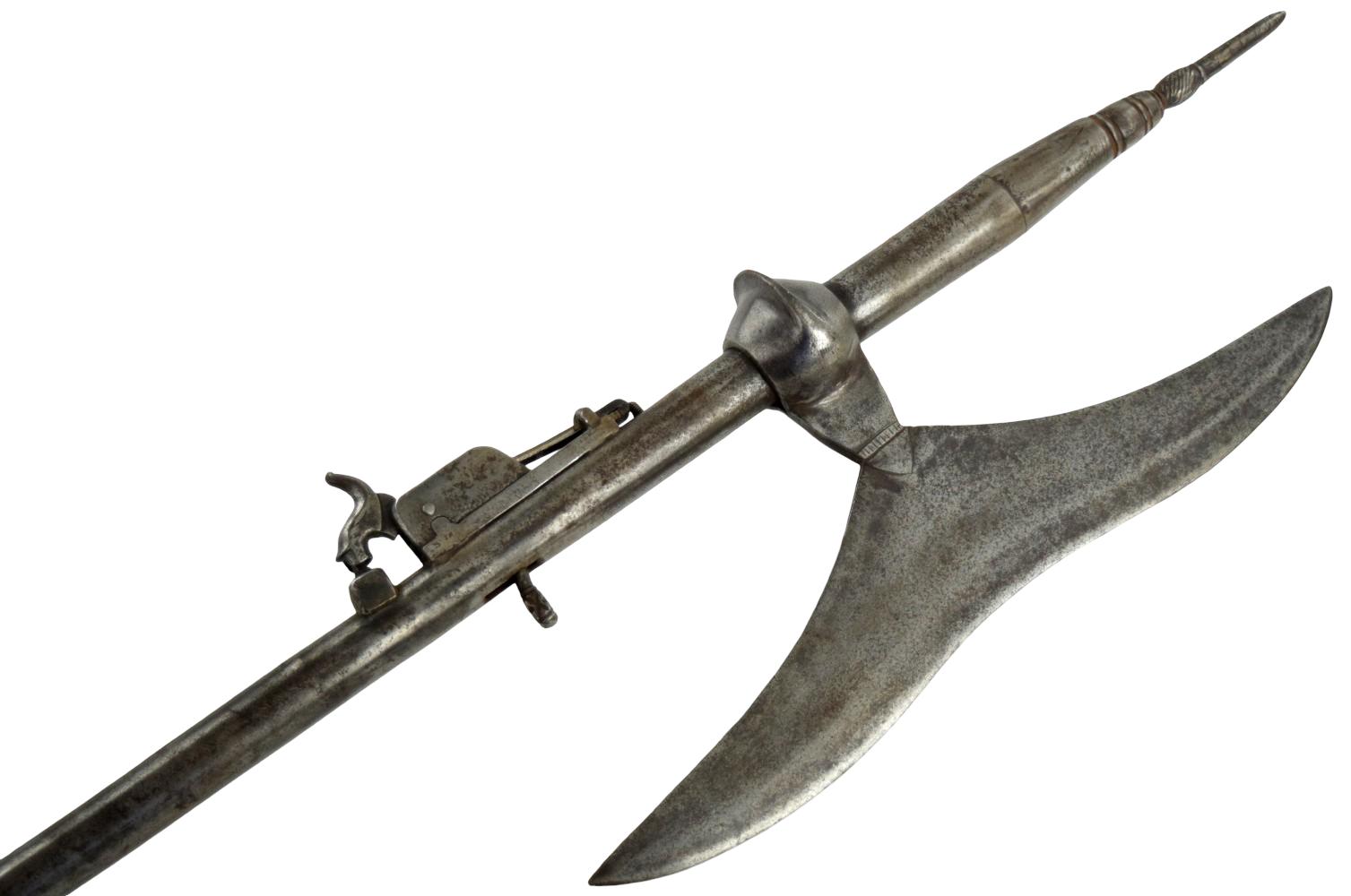 RARE ANTIQUE CONTINENTAL HALBERD POLEARM SPEAR / AXE / GUN COMBINATION WITH IRON POLE