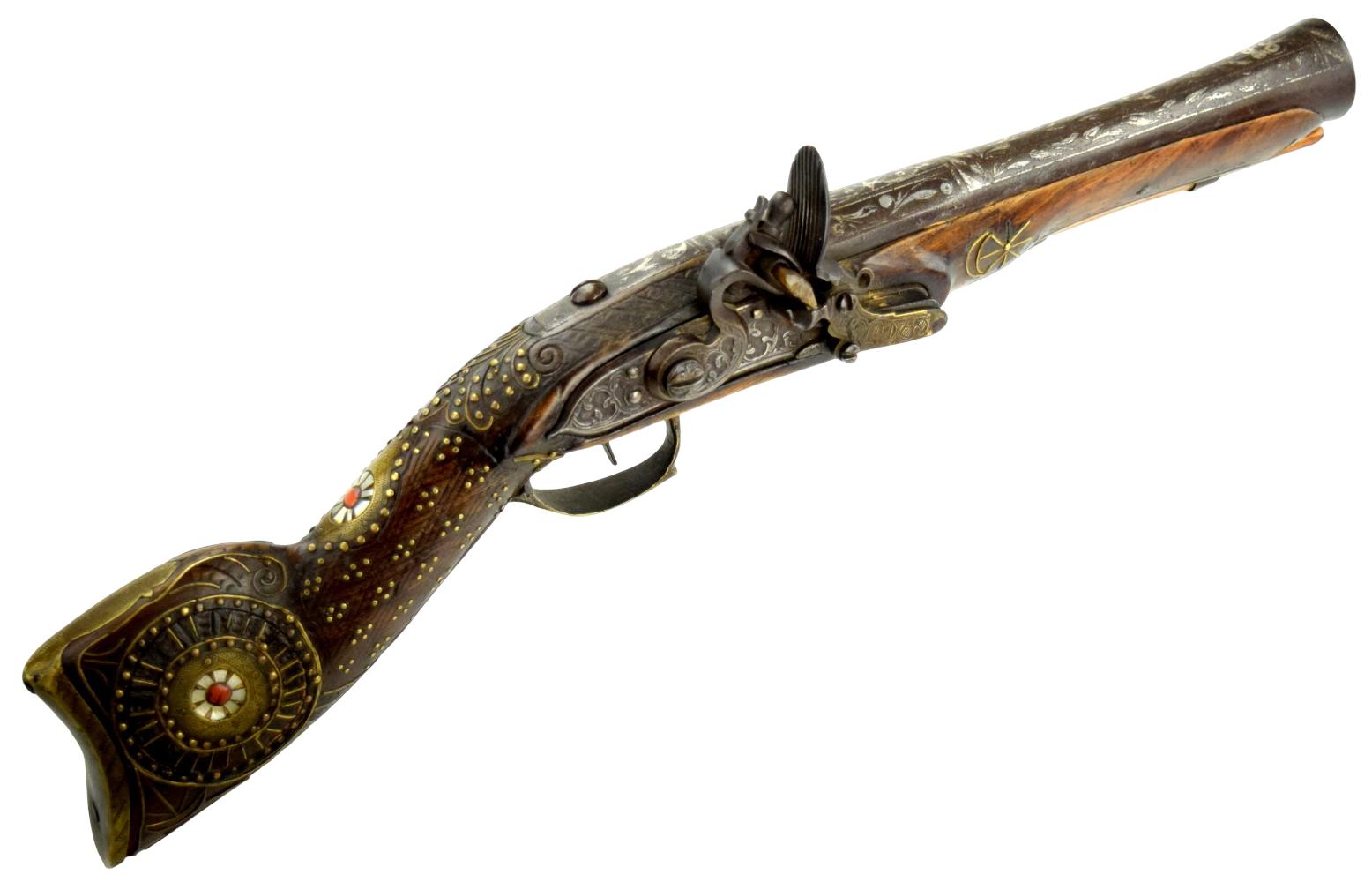Massive 18th-19th C. Ottoman Turkish Flintlock BLUNDERBUSS Knee Gun with Silver Decorated Barrel