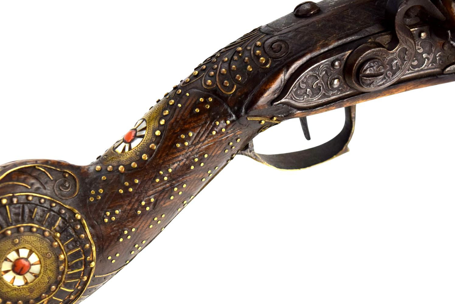 Massive 18th-19th C. Ottoman Turkish Flintlock BLUNDERBUSS Knee Gun with Silver Decorated Barrel