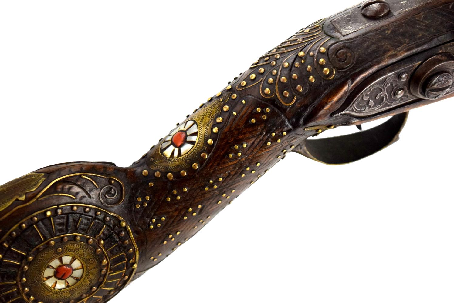 Massive 18th-19th C. Ottoman Turkish Flintlock BLUNDERBUSS Knee Gun with Silver Decorated Barrel