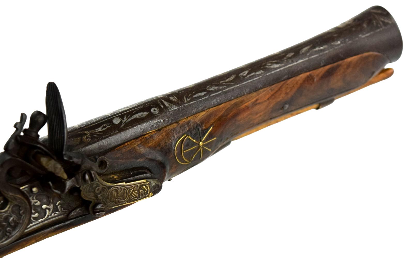 Massive 18th-19th C. Ottoman Turkish Flintlock BLUNDERBUSS Knee Gun with Silver Decorated Barrel