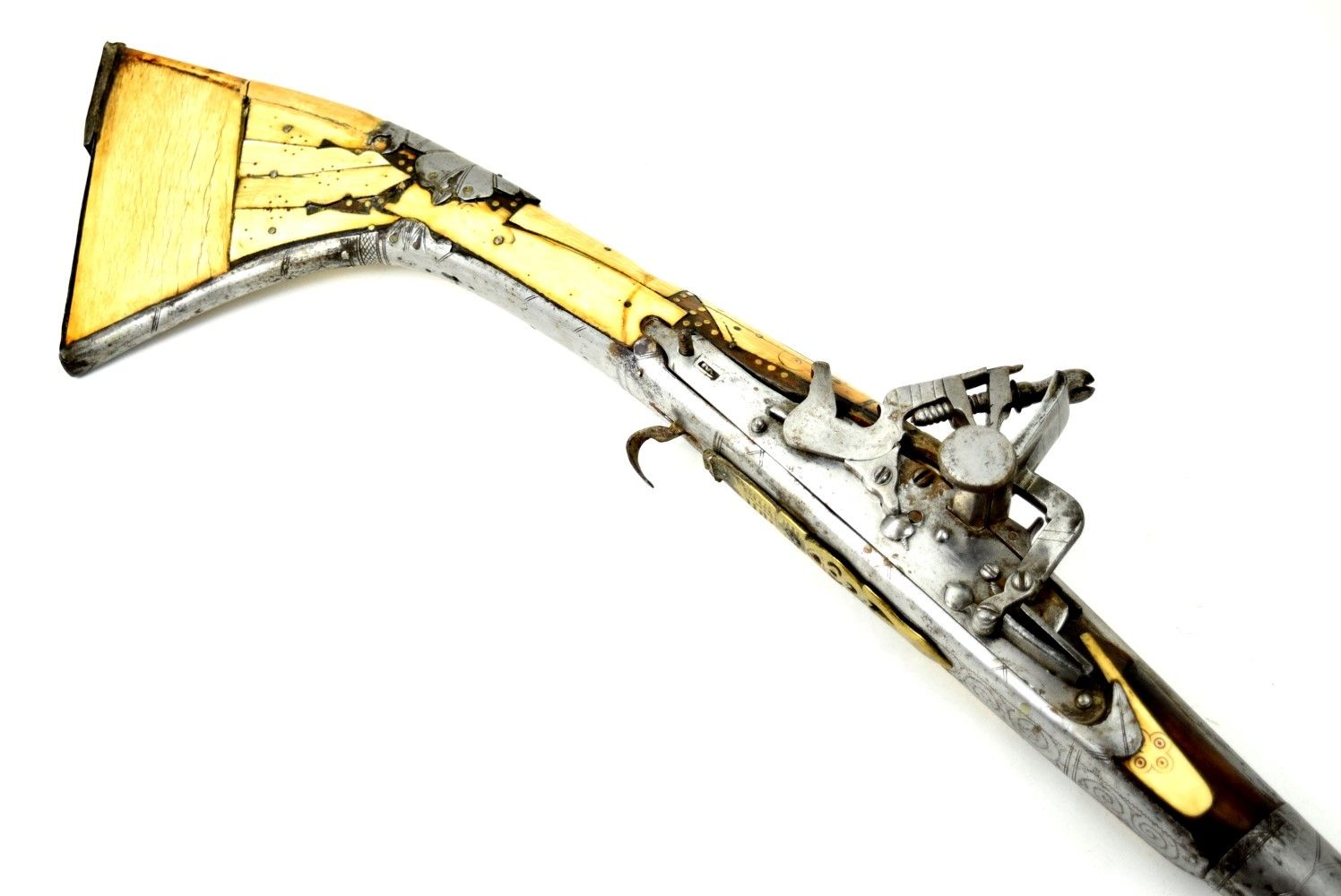 Very Good Antique Islamic Arabic Arab Long Rifle in Camel Bone & Chiseled Steel Mounts, Maker Marked Barrel. Very Attractive Long Piece Over