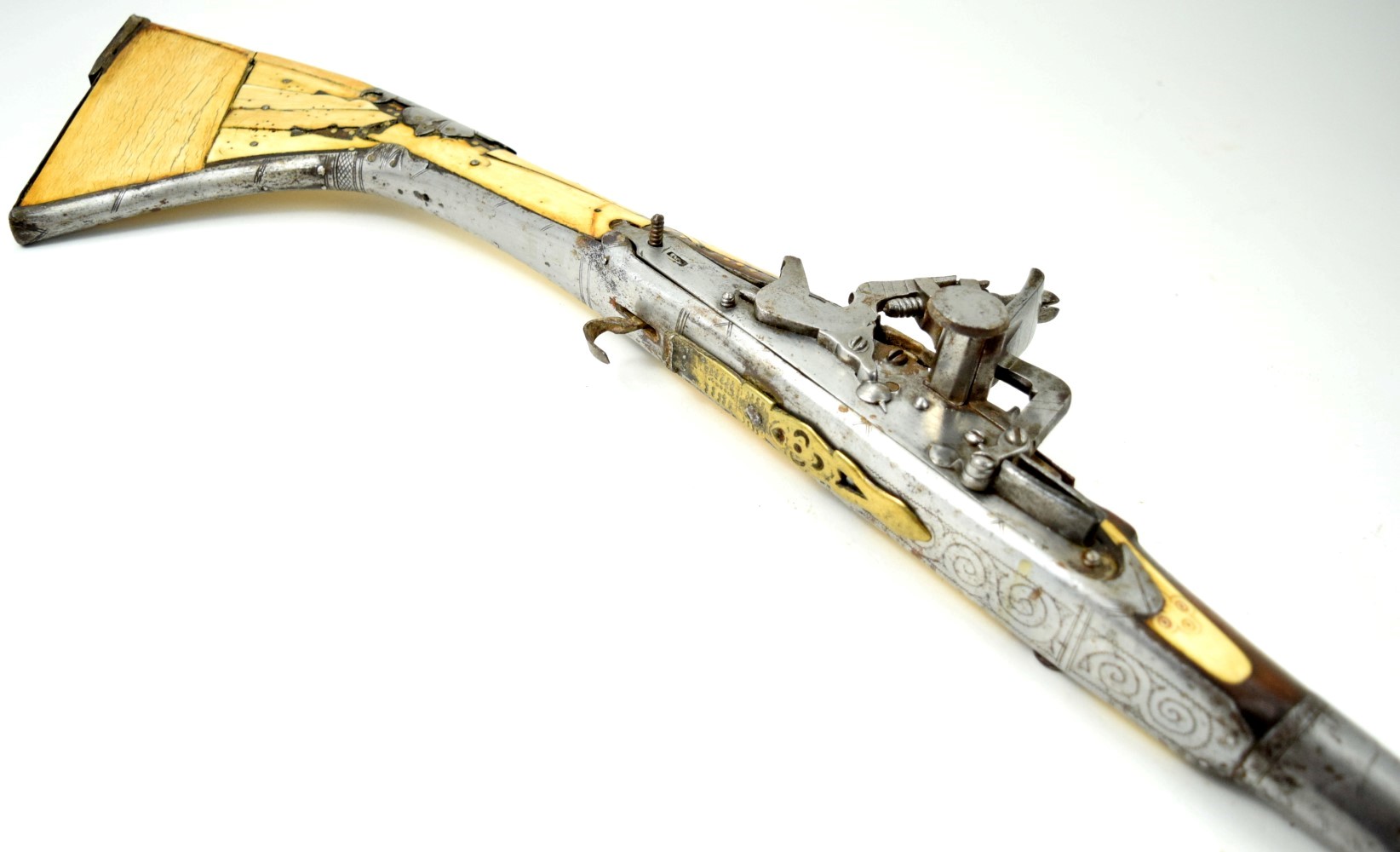 Very Good Antique Islamic Arabic Arab Long Rifle in Camel Bone & Chiseled Steel Mounts, Maker Marked Barrel. Very Attractive Long Piece Over