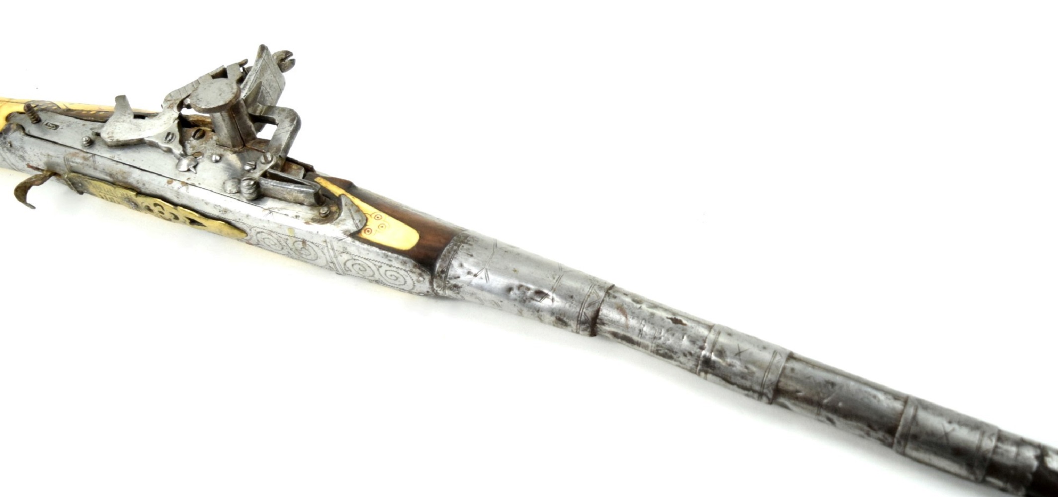 Very Good Antique Islamic Arabic Arab Long Rifle in Camel Bone & Chiseled Steel Mounts, Maker Marked Barrel. Very Attractive Long Piece Over
