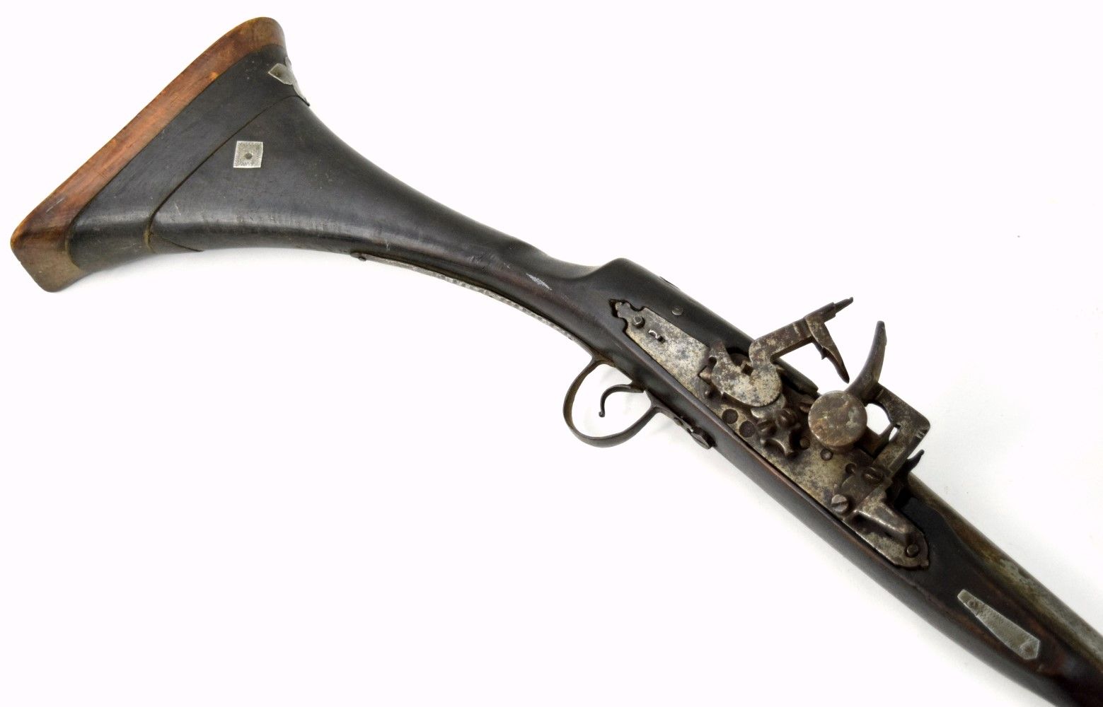 Antique 19th C. Islamic Arabic Arab Algerian Long Rifle with Bone Inlaid Moon Symbol, Snaphaunce Lock.