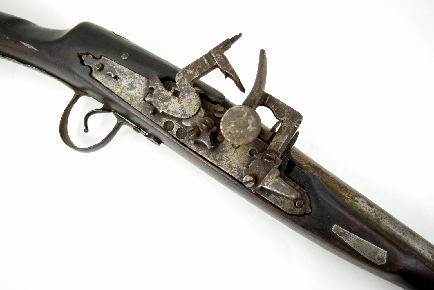 Antique 19th C. Islamic Arabic Arab Algerian Long Rifle with Bone Inlaid Moon Symbol, Snaphaunce Lock.