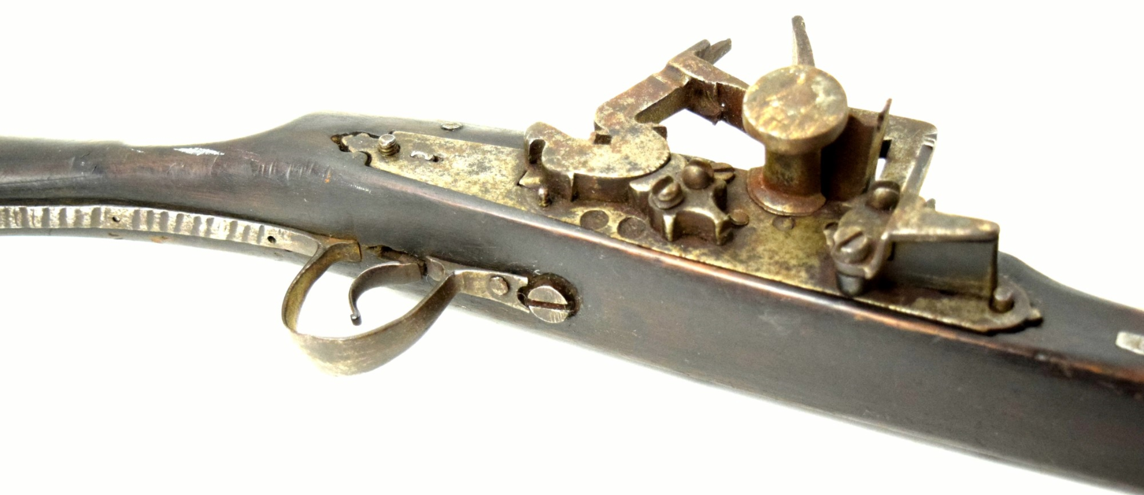 Antique 19th C. Islamic Arabic Arab Algerian Long Rifle with Bone Inlaid Moon Symbol, Snaphaunce Lock.