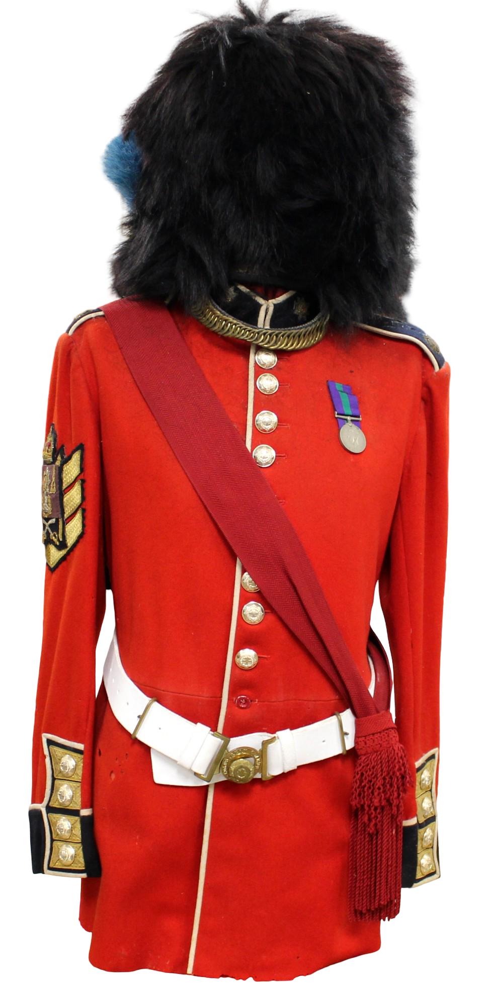 BRITISH IRISH GUARDS SENIOR NCO FULL DRESS UNIFORM WITH BEARSKIN and MEDAL