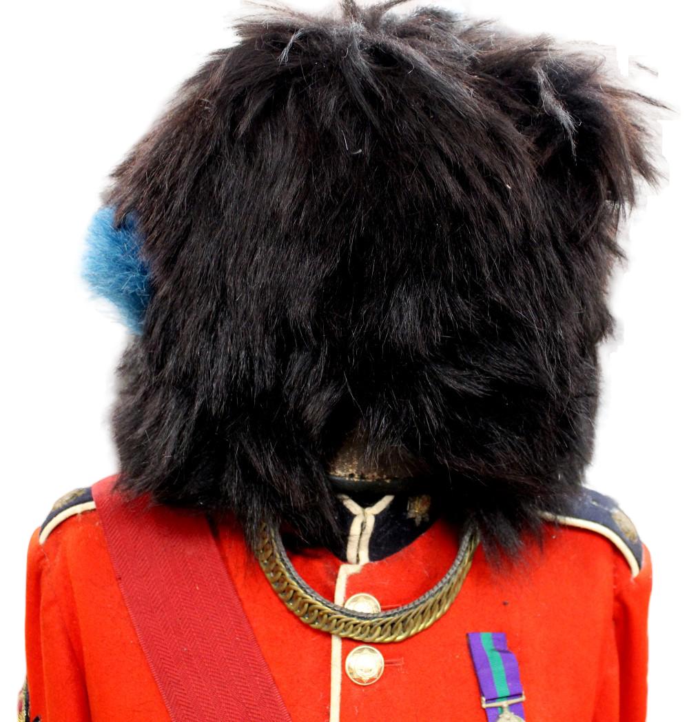 BRITISH IRISH GUARDS SENIOR NCO FULL DRESS UNIFORM WITH BEARSKIN and MEDAL