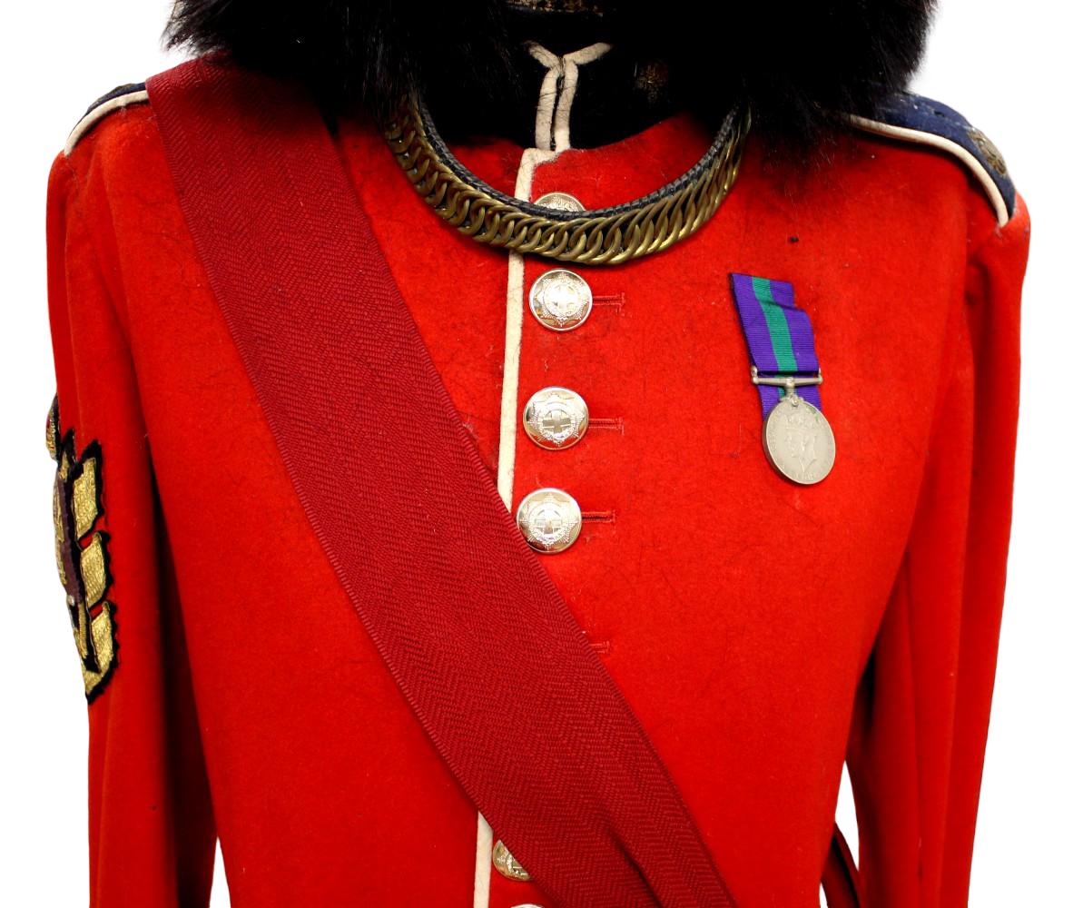 BRITISH IRISH GUARDS SENIOR NCO FULL DRESS UNIFORM WITH BEARSKIN and MEDAL