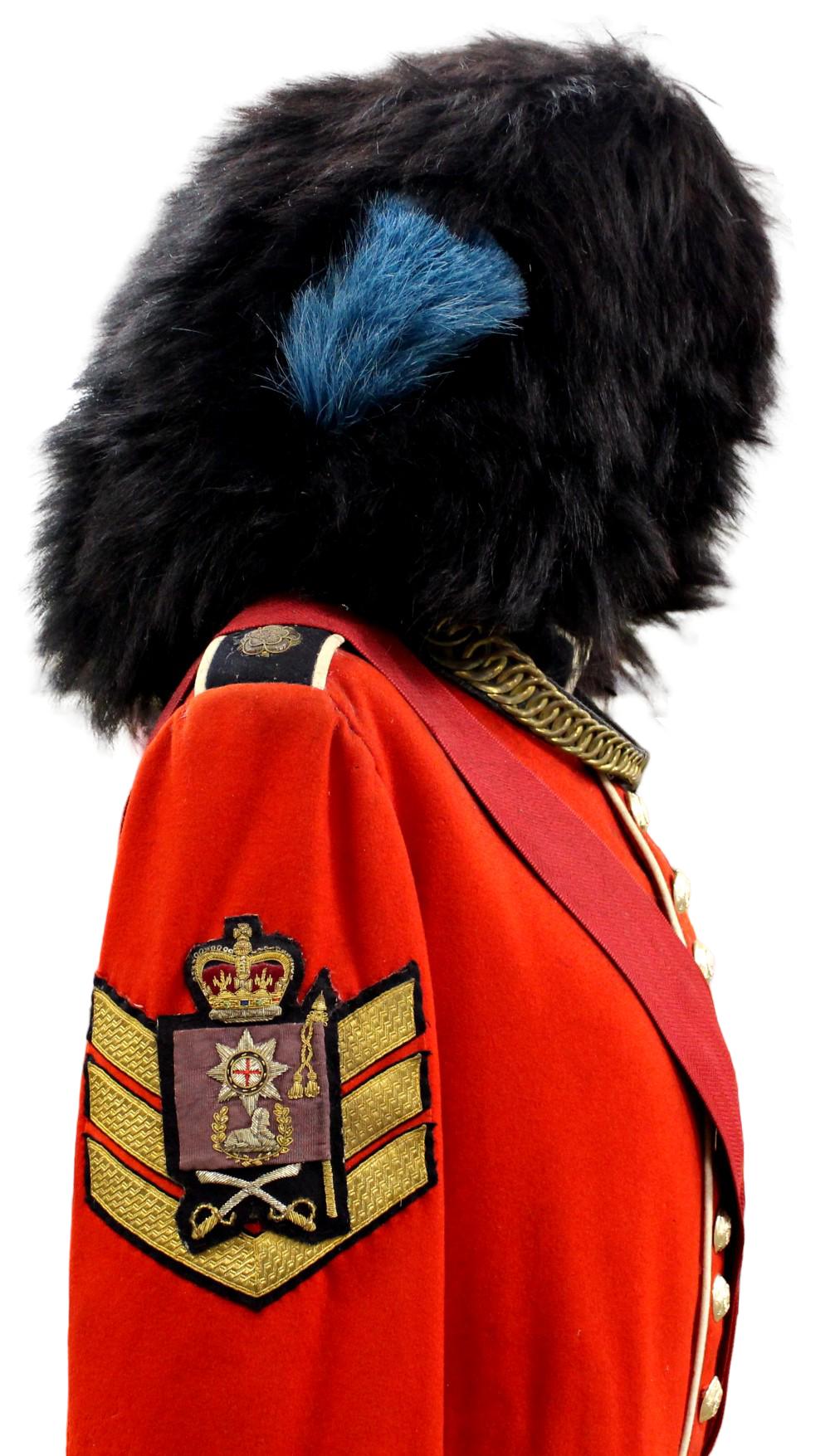 BRITISH IRISH GUARDS SENIOR NCO FULL DRESS UNIFORM WITH BEARSKIN and MEDAL
