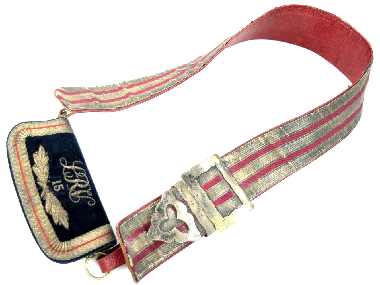 Very Nice 19th C. English French or Italian Officer's Cartridge Pouch & Belt with Fine Silver Embroidered Decorations & Owner's Monogram.
